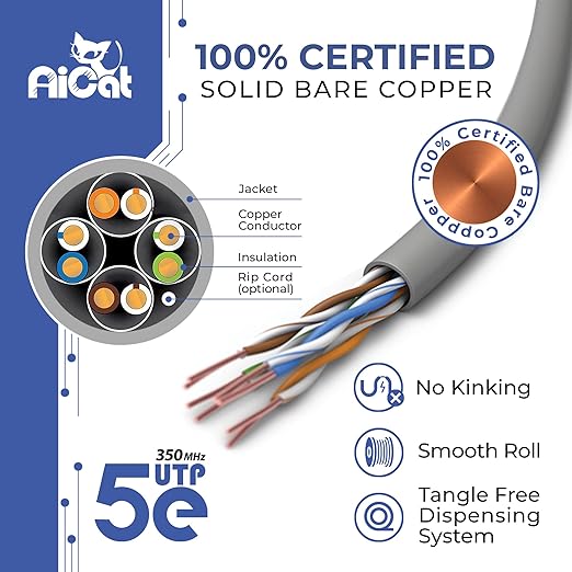 Cable Ethernet AiCat Cat5e 500ft CMR PoE++ UTP Cobre Sólido 24AWG miniatura 3