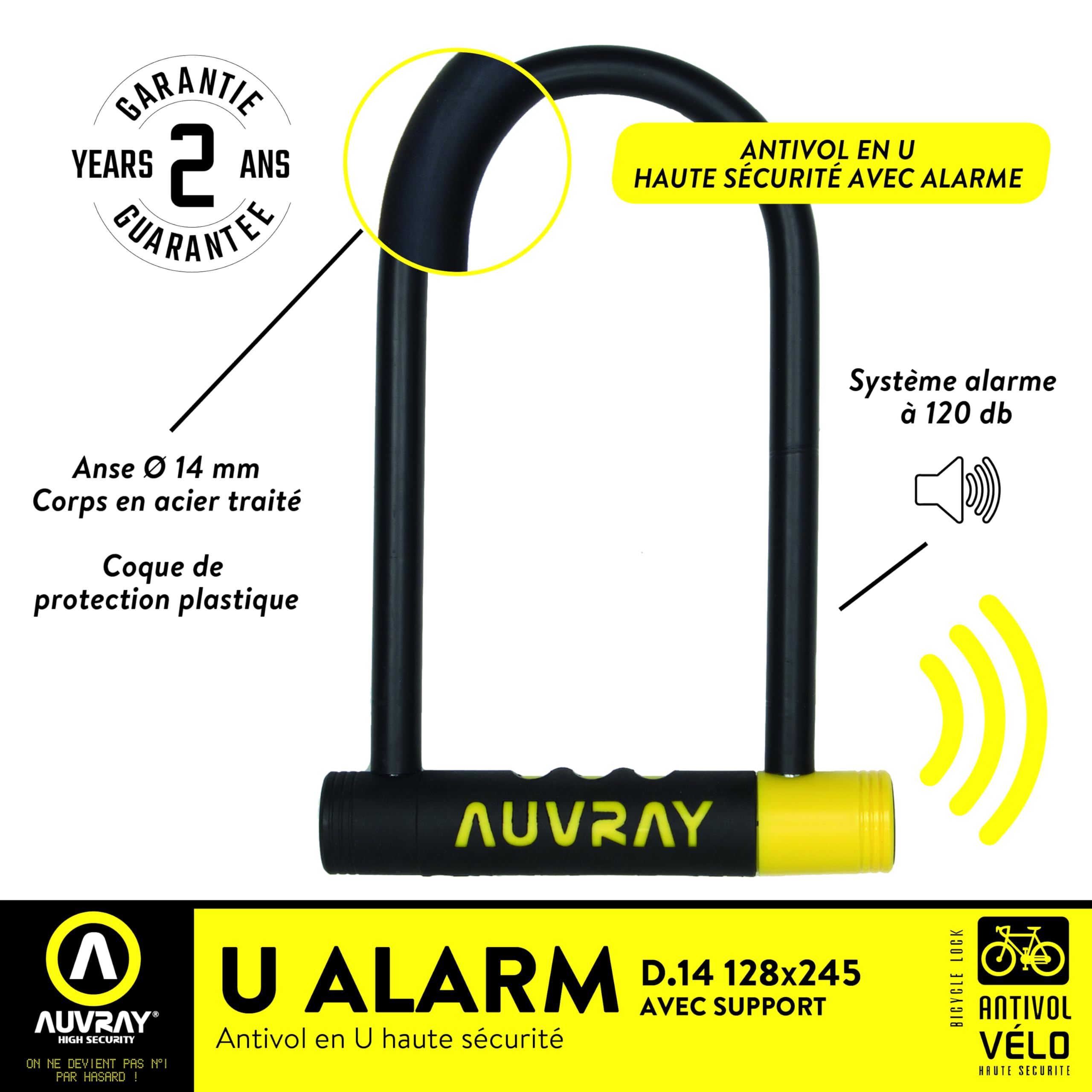 AUVRAY - Antifurto per Bicicletta con Allarme - U ALARME 128X245 D.14-3 CLES - Resistenza Eccezionale - Guscio Protettivo in plastica - Allarme Integrato da 120 Db - Alta Sicurezza