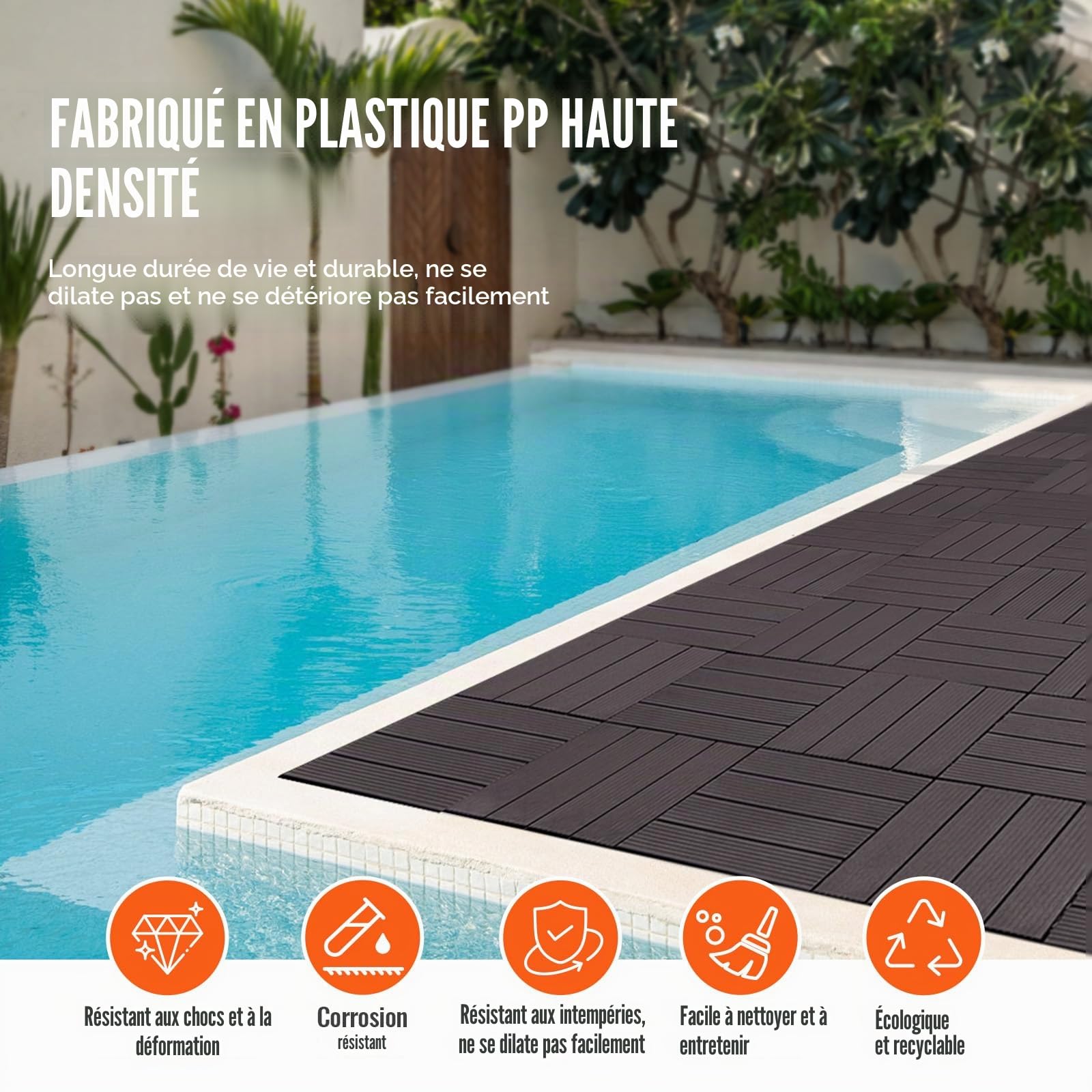 VEVOR Dalles de Terrasse Emboîtables, Lot de 54, Revêtement de Sol Plastique Imperméable, 300x300 mm, 50166 c㎡, Utilisation par Tous les Temps, pour Porche, Piscine, Balcon, Arrière-cour, Marron Foncé