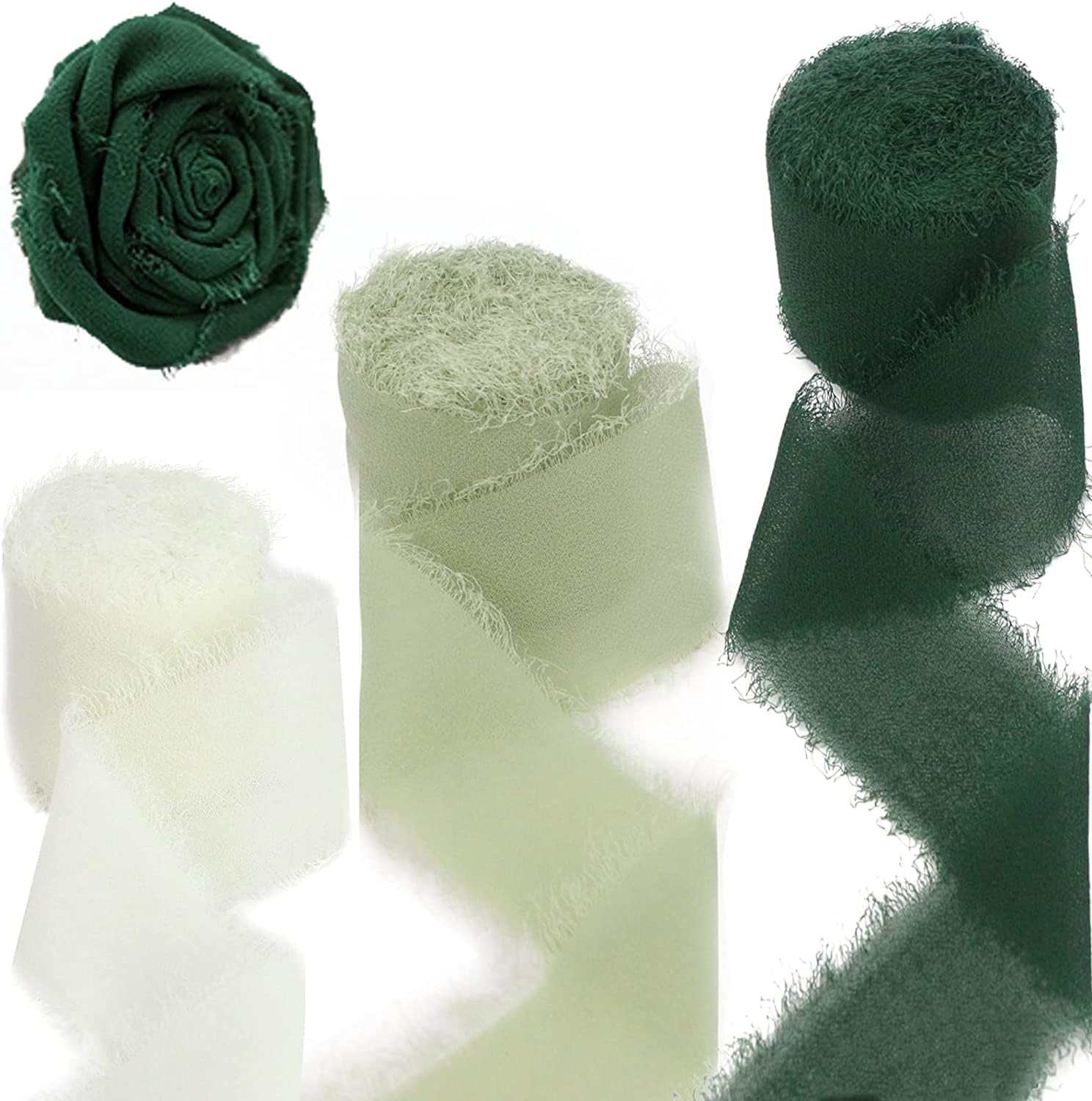 HULUM 3 Rolls Chiffon Ribbon, 1.5” x 5.5 Yd Handmade Fringe Chiffon Silk Ribbon, Pink Champagne Coffee Frayed Edge Ribbons for Wedding/Bridal Bouquets/DIY Crafts/Gift Wrapping (1)