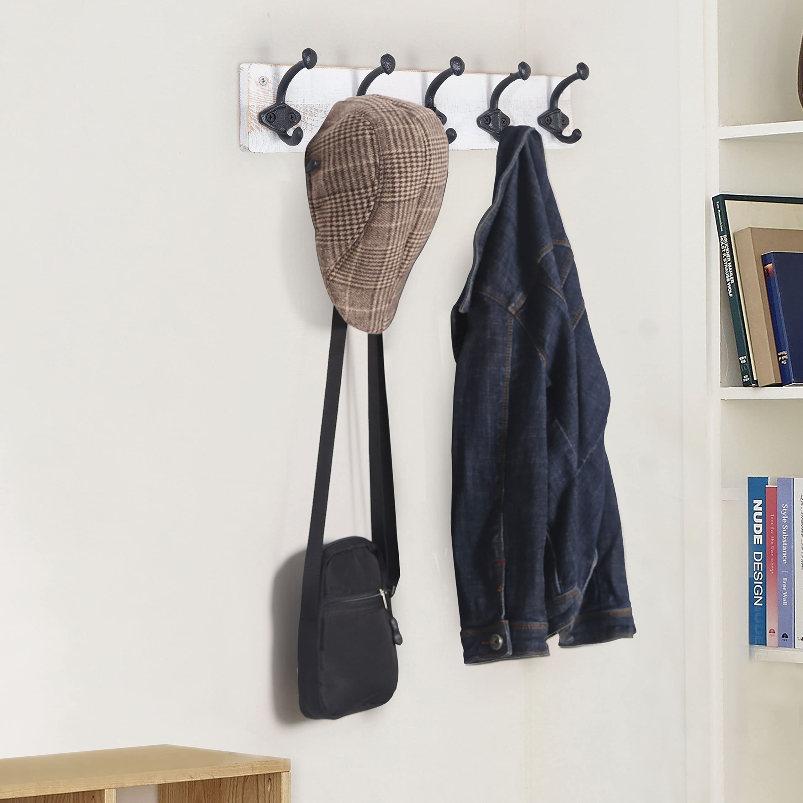 WEBI Rustic Coat Rack Wall Mount,5 Cast Iron Hooks,Coat Hooks Wall Mounted,Heavy Duty Antique Vintage Hooks for Hanging Coats,Jacket,Clothes,Black on White
