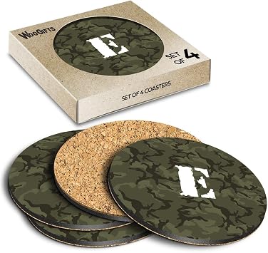 4 x Boxed Round Coasters - Letter E Camouflage Army Military Lettering Name Initial Cork Backed MDF Glossy Tea Coffee Accessory #269238