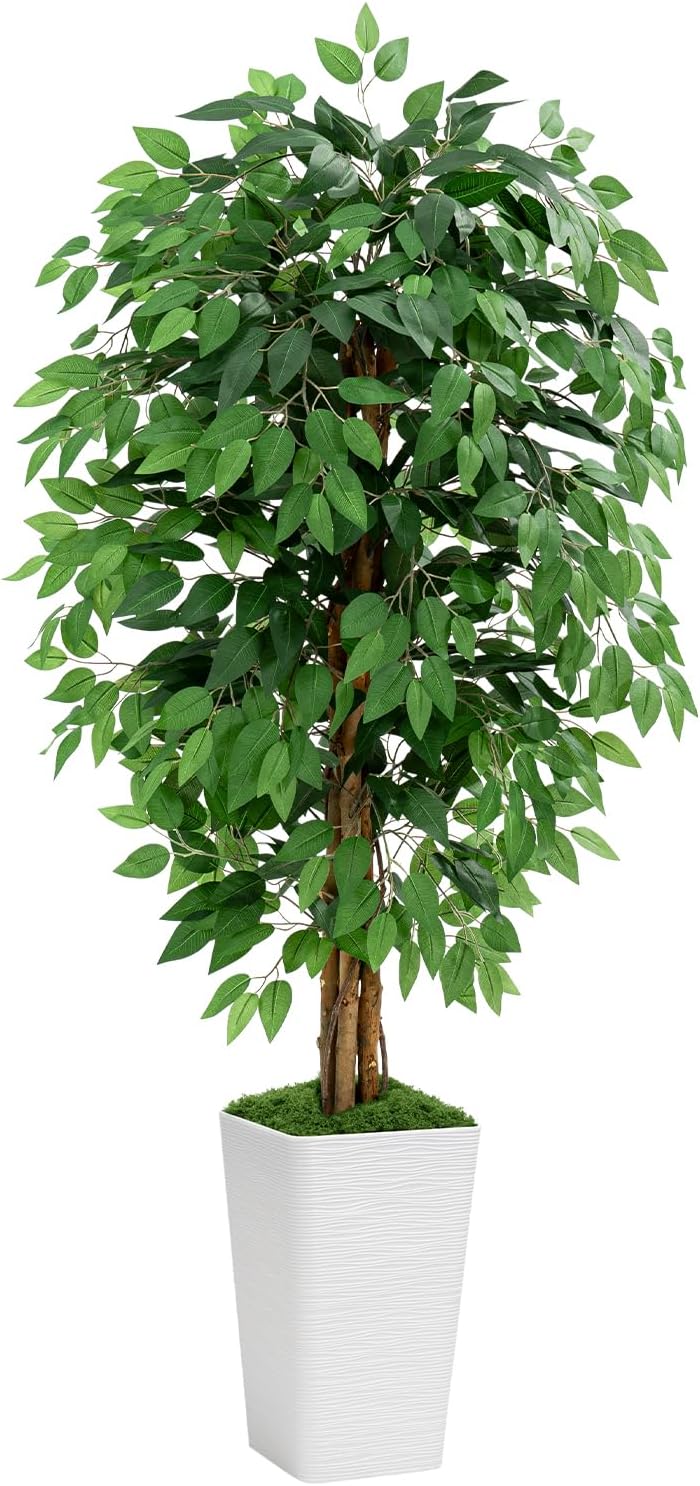 5ft Ficus Artificial Tree with 3 Natural Curved Trunks, 60" Tall Lush Faux Tree for Home Decor Indoor, Green Lifelike Fake Ficus Tree with White Planter Pot