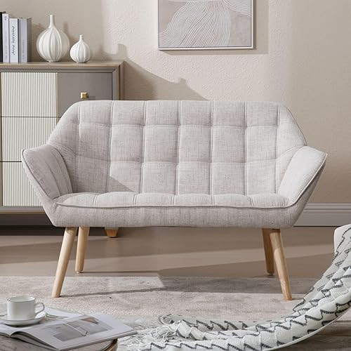 ZSARTS Sofá biplaza pequeño de 48 pulgadas para espacios pequeños, silla tapizada con respaldo alto de lino, sofá moderno de 2 asientos con patas de