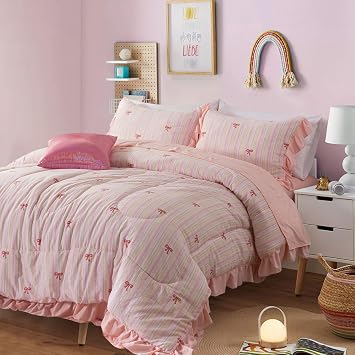 A Nice Night Rainbow Stripes & Bows Bedding,6pc Ruffle Girls Twin Comforter | Princess Ruffled Seersucker Chic Design,Bed in a Bag With Sheet Sets,Light Pink Room Decor,Ultra Soft,Machine Washable