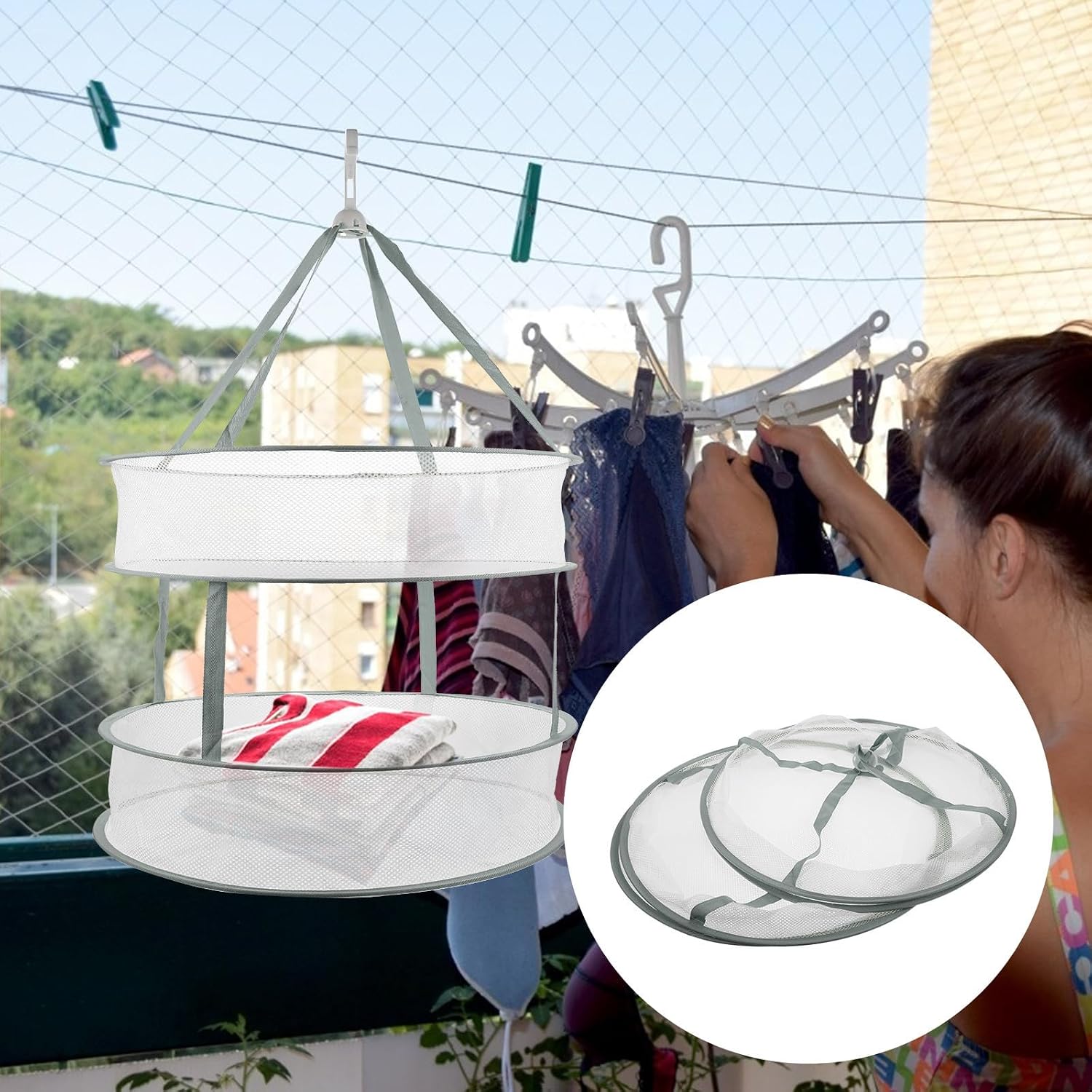 DOITOOL Foldable Clothes Drying Basket in Green with Dual-Layer Structure, Space-Saving Laundry Basket for Home Use, Practical and Sturdy Cloth Drying Hanger Container