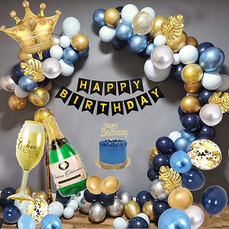 Amazon 誕生日 飾り付け 風船 豪華で大容量 Happy Birthday 装飾 バースデー ガーランド メタリックブルーゴールド色 アーチバースデー バルーンパーティー 飾り付け セット 風船 バルーン おもちゃ