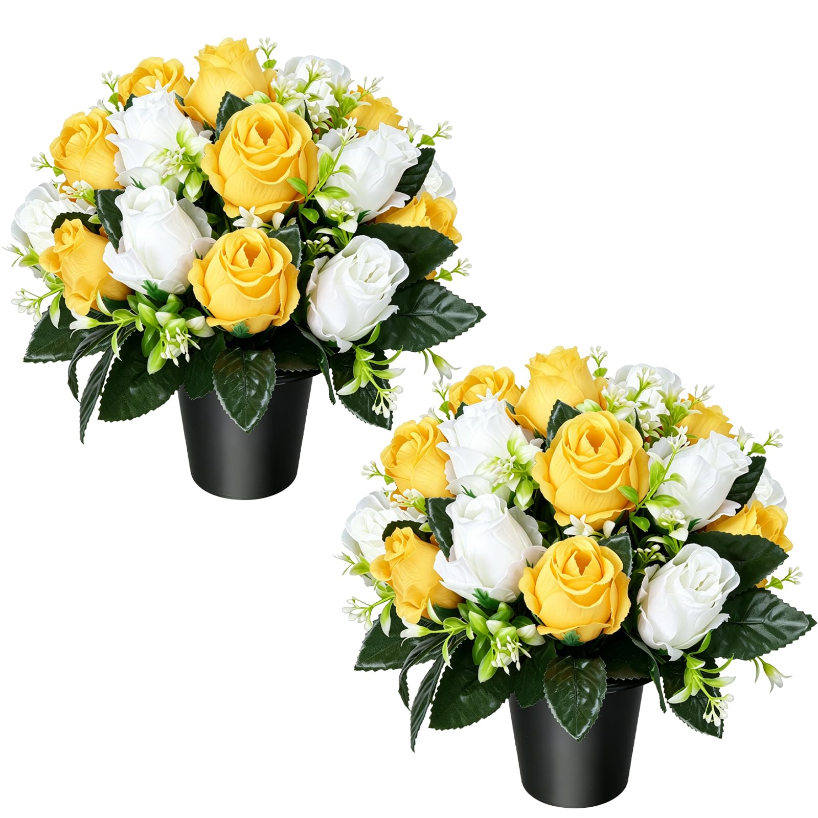 2 fiori artificiali per tombe, 18 rose gialle bianche e gialle, vasi da fiori finti per cimitero, ornamenti per cimitero in seta, decorazioni per esterni, funerali, commemorazioni funebri per
