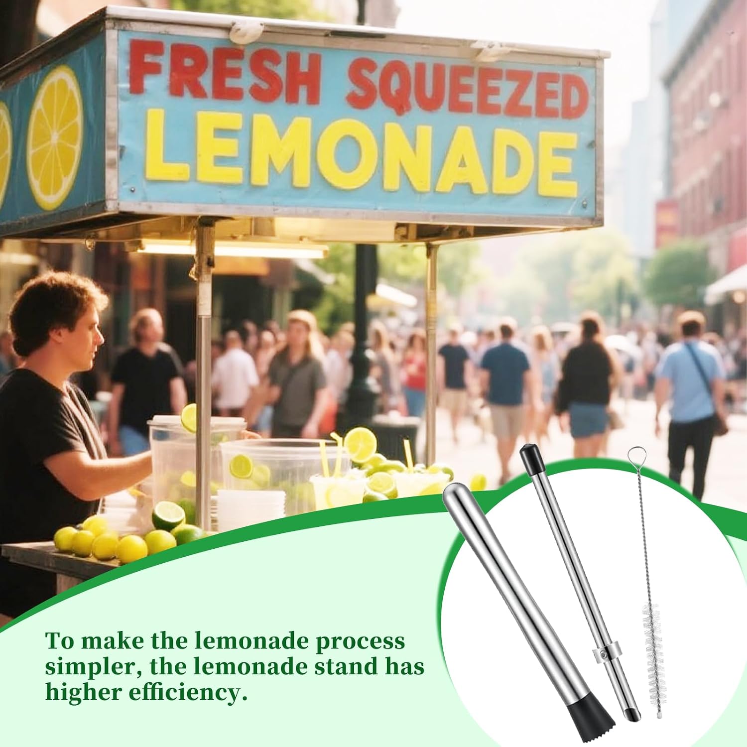 Lemon Smasher Puncher Brush Set Steel Cocktail Muddler Bar Drink Tool