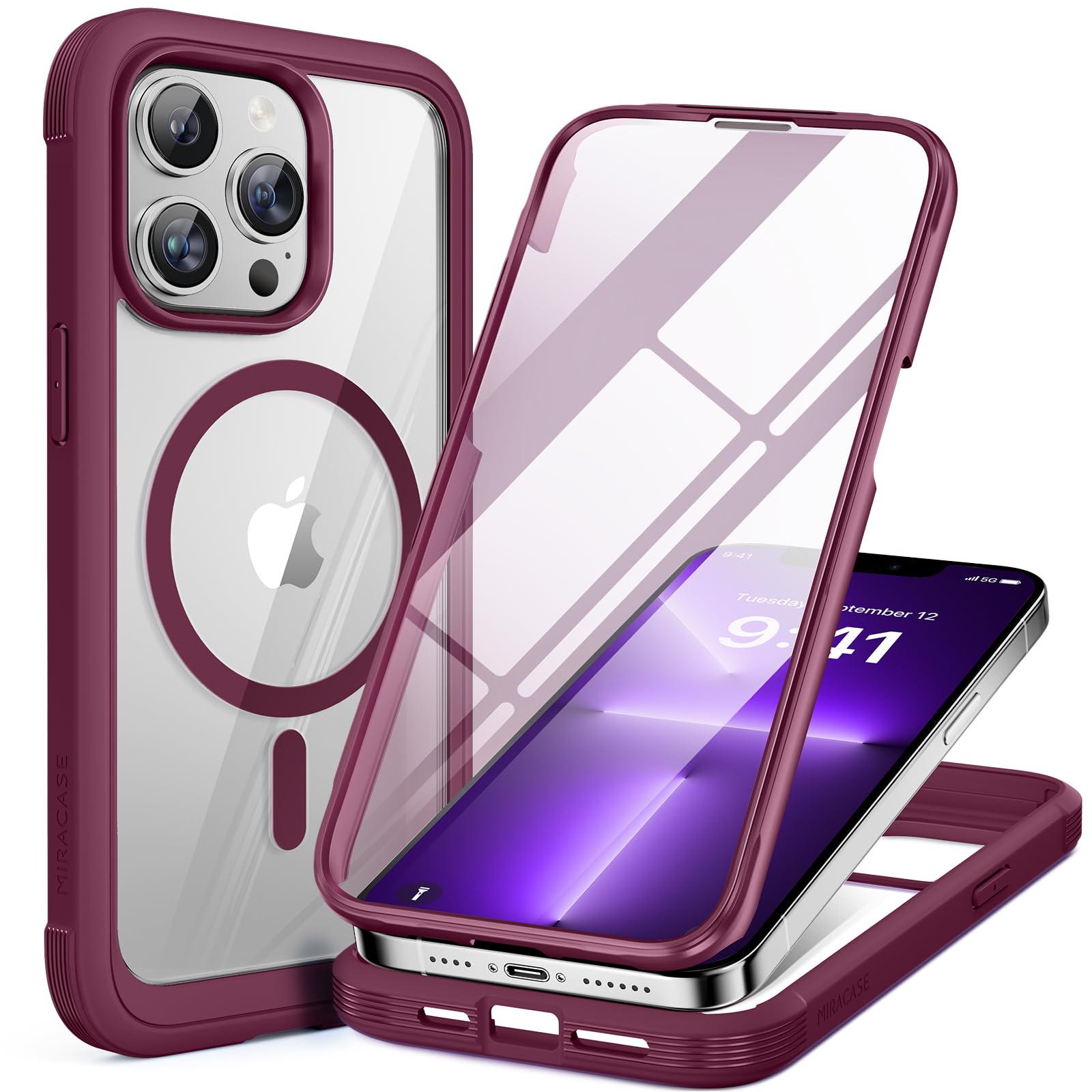 miracase Magnetic for iPhone 13 Pro Max Case 6.7 inch, (Compatible with MagSafe) Upgrade Full-Body Clear Phone Bumper Case with Built-in 9H Tempered Glass Screen Protector, Magnetic Wine Red Magnetic Plum iPhone 13 Pro Max
