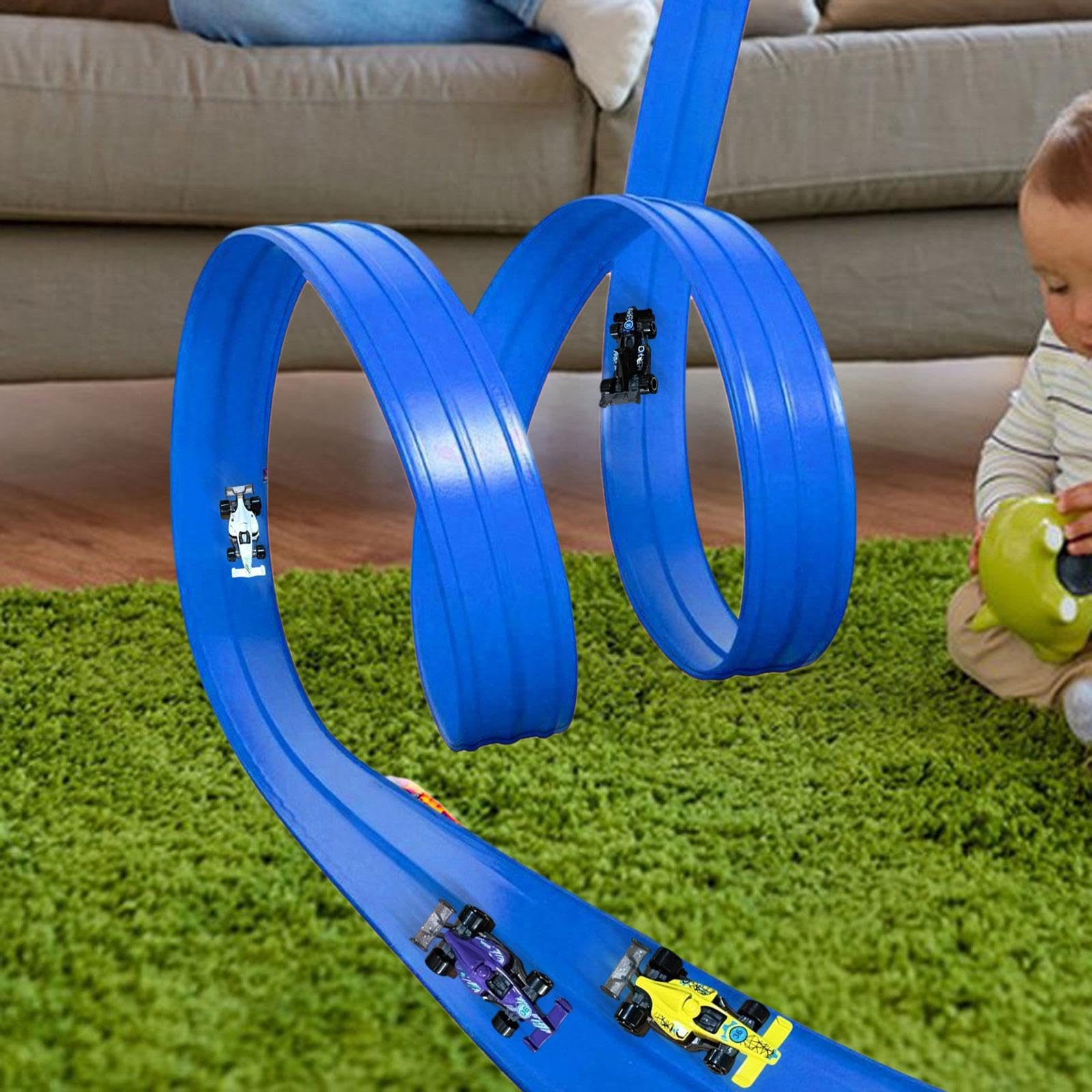 Flexible Rennstrecke Spielzeug Set mit Saugknöpfen Kompakte Rennbahn für Kinder Robuste Diecast Autos DIY Rennbahn Bastelset für Familienausflug Kinde, Blau, 4m