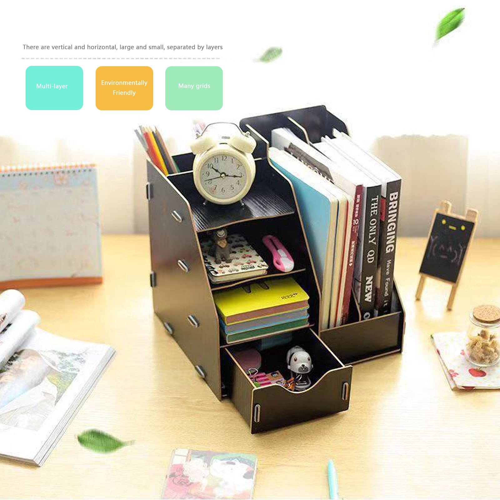 Organizer da Scrivania in Legno Multifunzionale con Cassetto Portapenne, Organizer da Scrivania, in Legno, Multifunzionale, per Documenti A4, Libri, Cancelleria,Quaderni,File,Salvaspazio,Teak