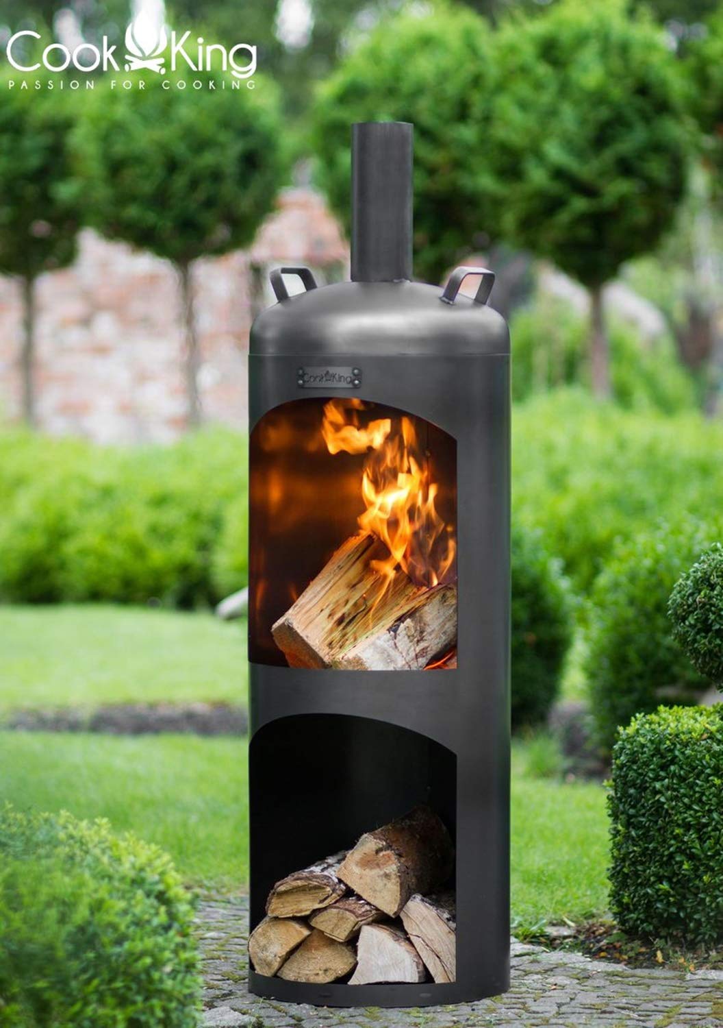 Gartenkamin Faro Gartenofen H 158 cm zum Heizen und Grillen Terrassenofen aus Naturstahl Kamin Ofen CookKing