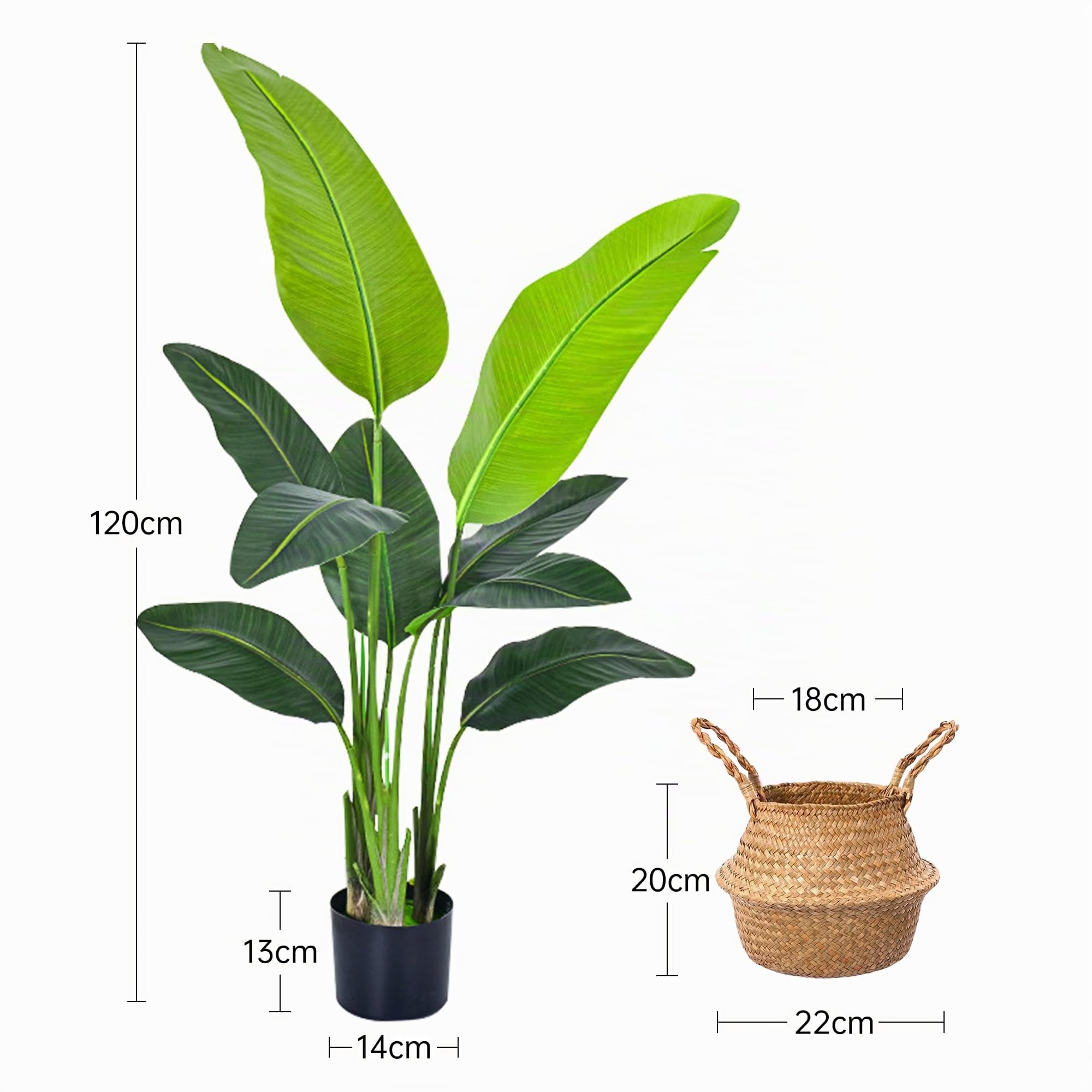 Künstliche Paradiesvogel Künstliche Pflanze groß 120cm Kunstpflanzen Tropische Palme mit 9 Blättern Kunst Bananenbaum Plastik Pflanze Palme im Topf Deko für Wohnzimmer Schlafzimmer Büro