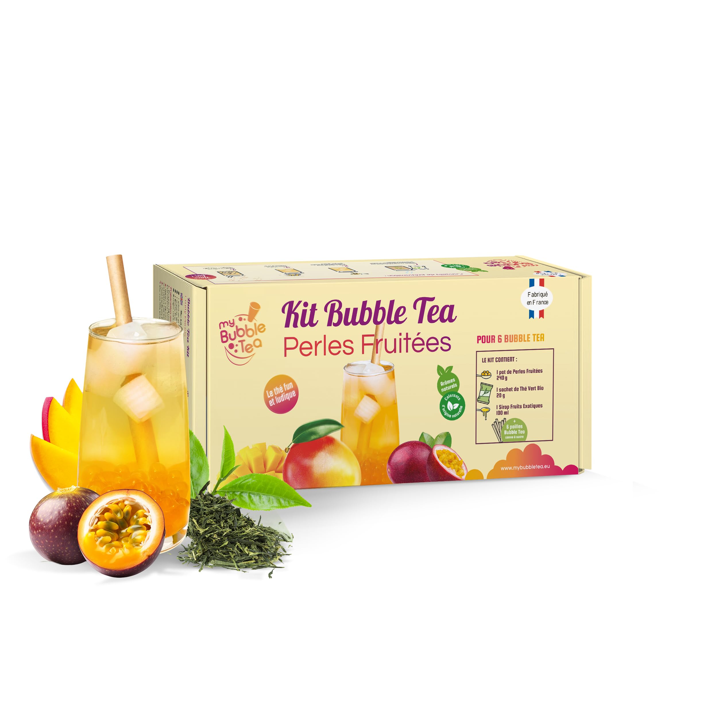 KIT BUBBLE TEA PASSION - FABRIQUÉ EN FRANCE - 6 BUBBLE TEA - Pailles canne à sucre incluses - Vegan et sans gluten