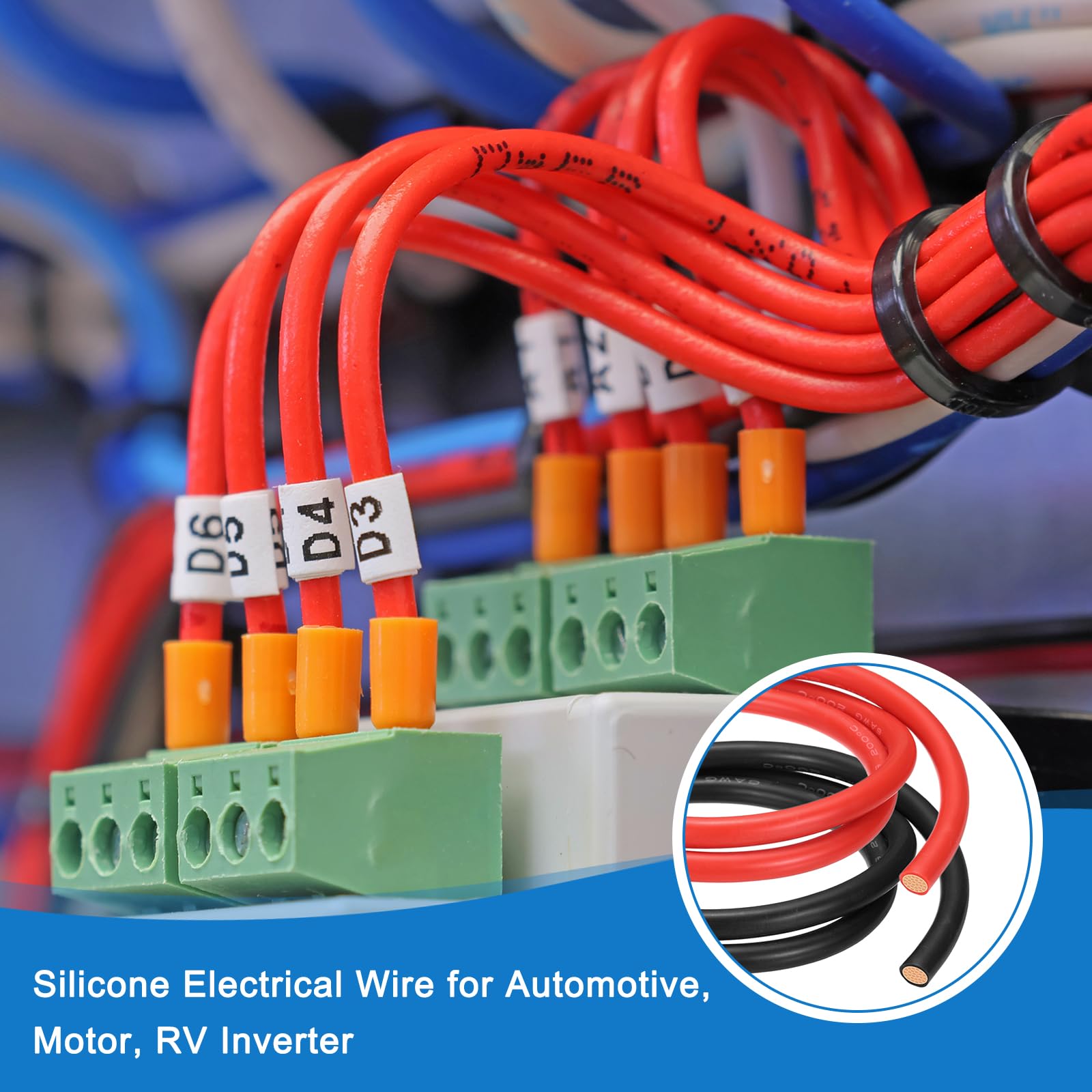 QUARKZMAN 2 sztuki 8 AWG kabel silikonowy 8 G, 1 m, kabel elektryczny, silikonowy drut elektryczny z wężem termokurczliwym i opaskami kablowymi do motoryzacyjnego falownika, czerwony, czarny, 2 szt