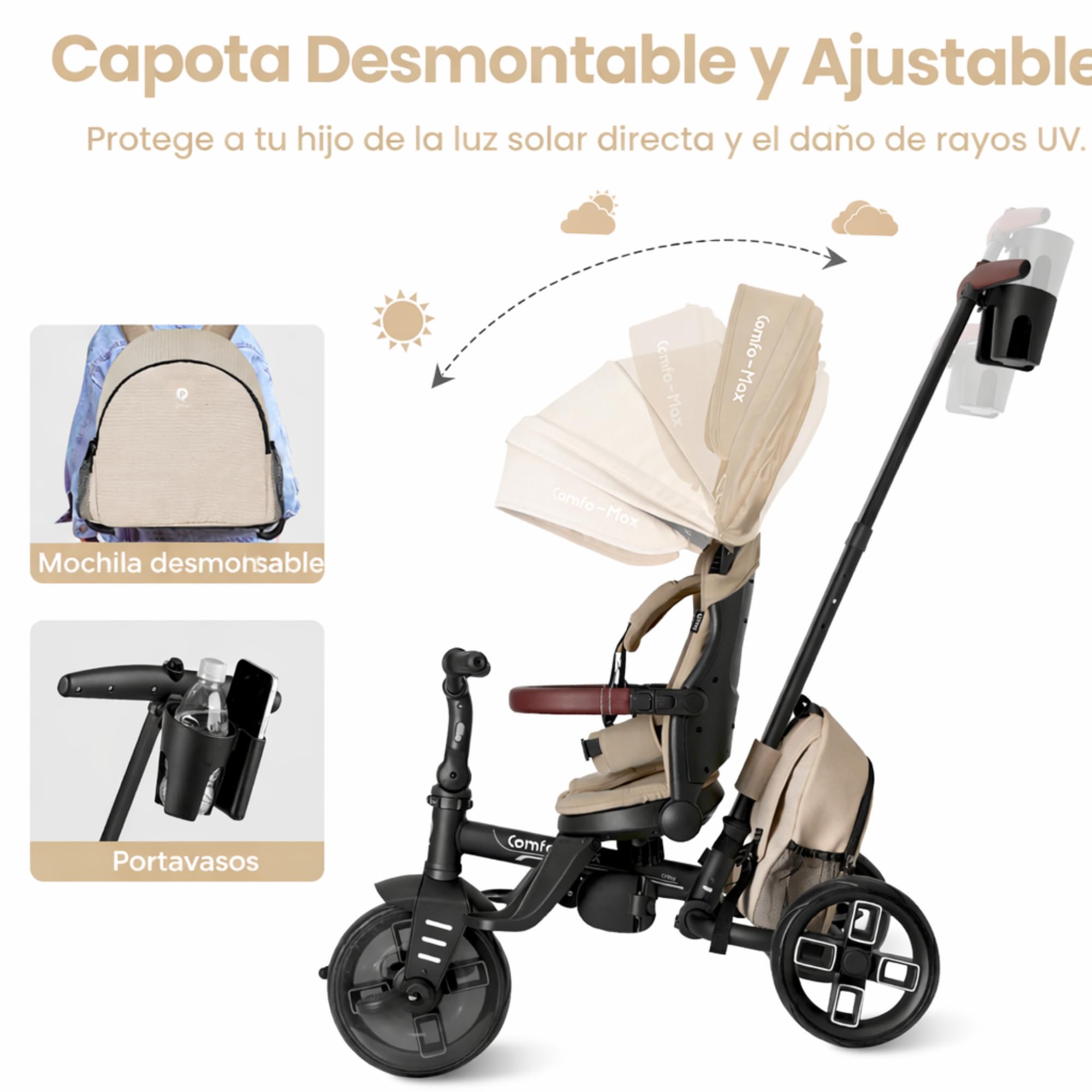 Qplay Tricycle évolutif Comfort Max 6 en 1 Noir | Tricycle Pliable en Aluminium avec siège à 360°, inclinable et Capote – pour bébés de 10 à 72 Mois (Beige)
