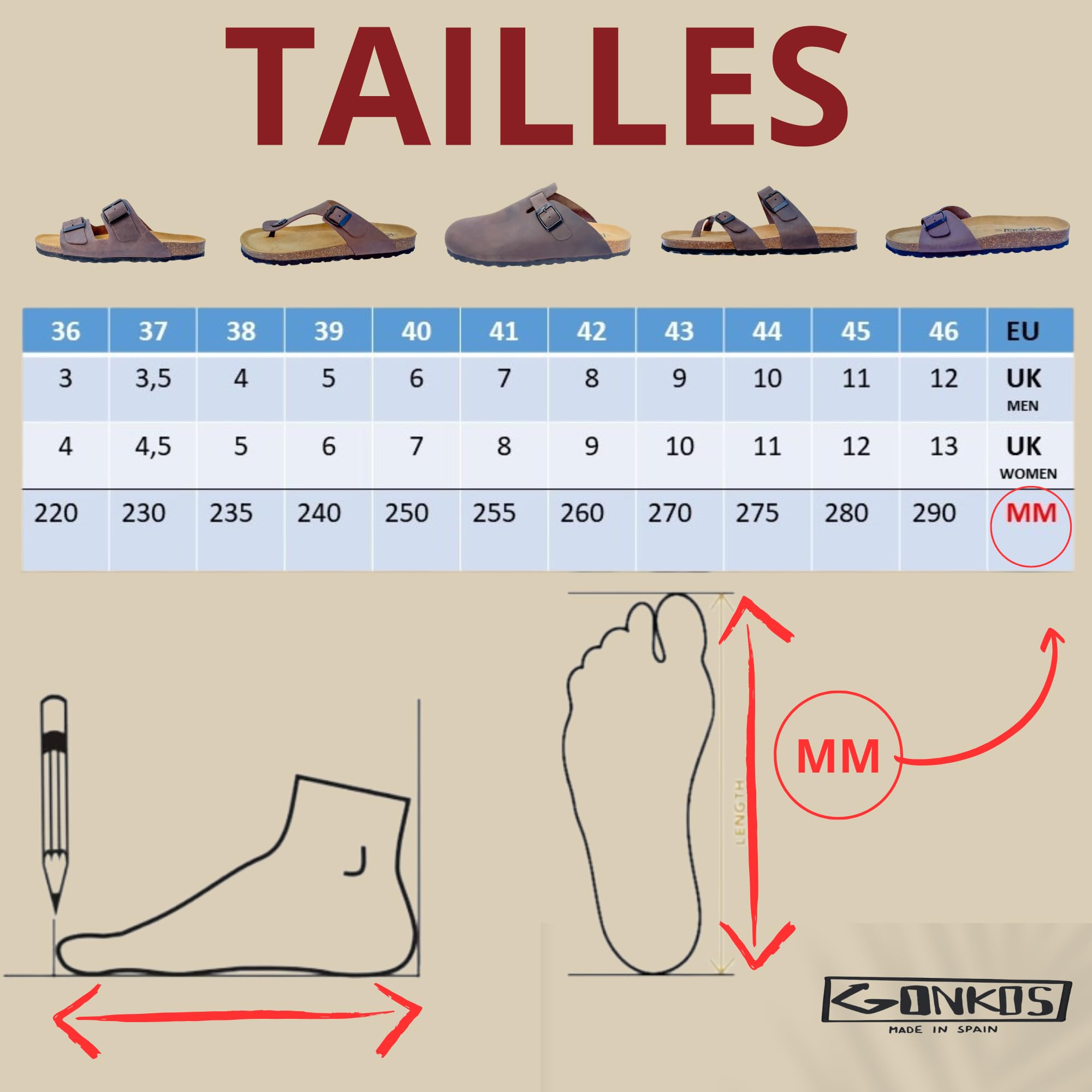Sandales en cuir, Semelle anatomique en liège, Tongs Cuir véritable, Liège naturel, Mules en cuir, Tongs Unisexe, Semelle antidérapante en EVA, Sandale de qualité fabriquée en Espagne