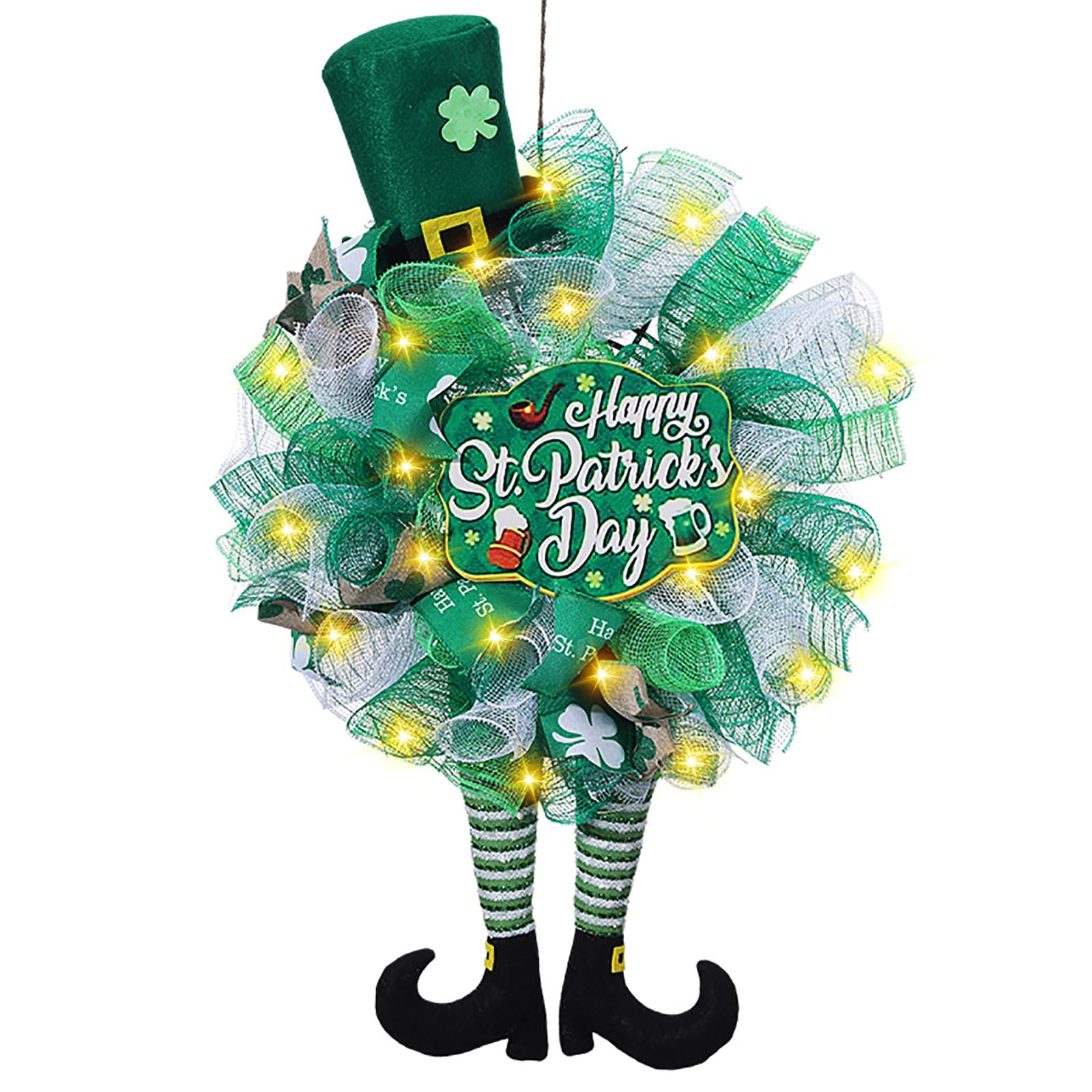 St. Patrick's Day Wreaths with Lights,St Patricks Day Mesh Outdoor Front Door Wreath for Home Indoor Outdoor Party (Design E)