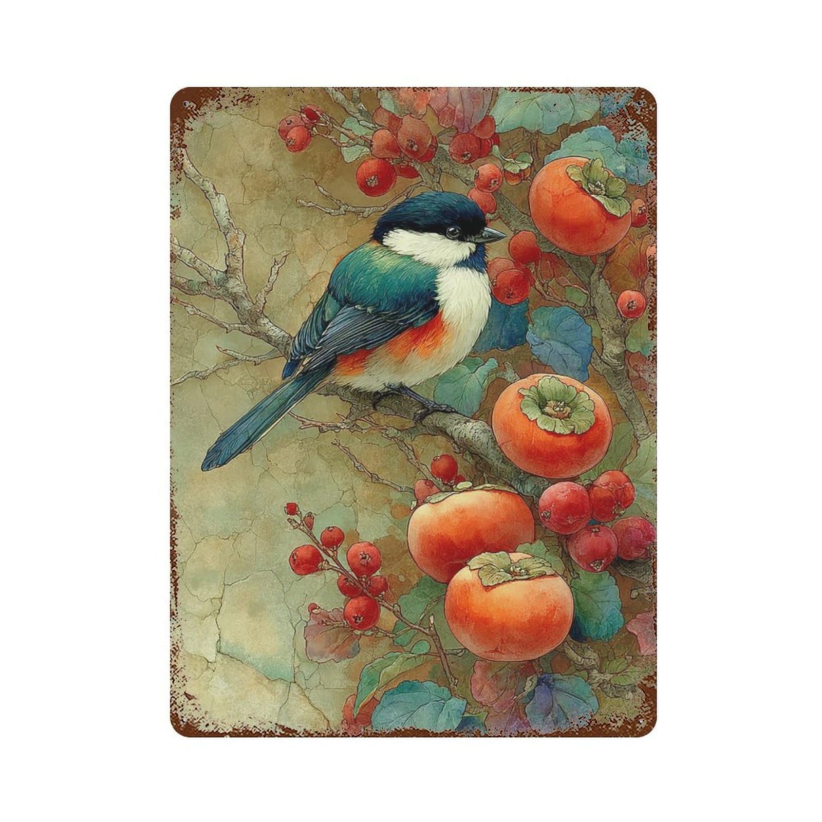 Autumn Persimmon Orchard with Bird Rusty Metal Tin Sign 15.7"x11.8", for Farmhouse, Kitchen And Entryway Decor, Rustic Home Decor