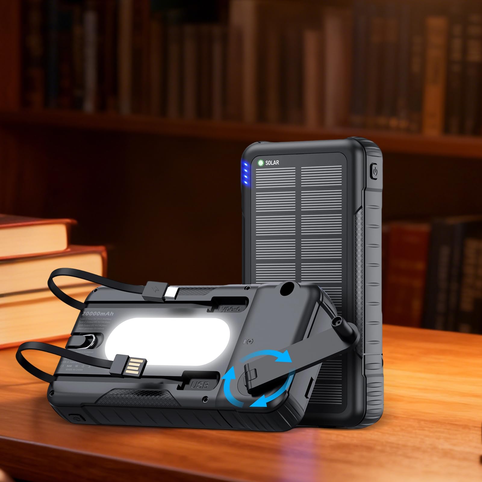 Powerbank con modulo solare, impermeabile con torcia luminosa, caricatore solare a manovella, per smartphone, per fotocamera, tablet, escursioni, viaggi, viaggi, , backpacking musicale