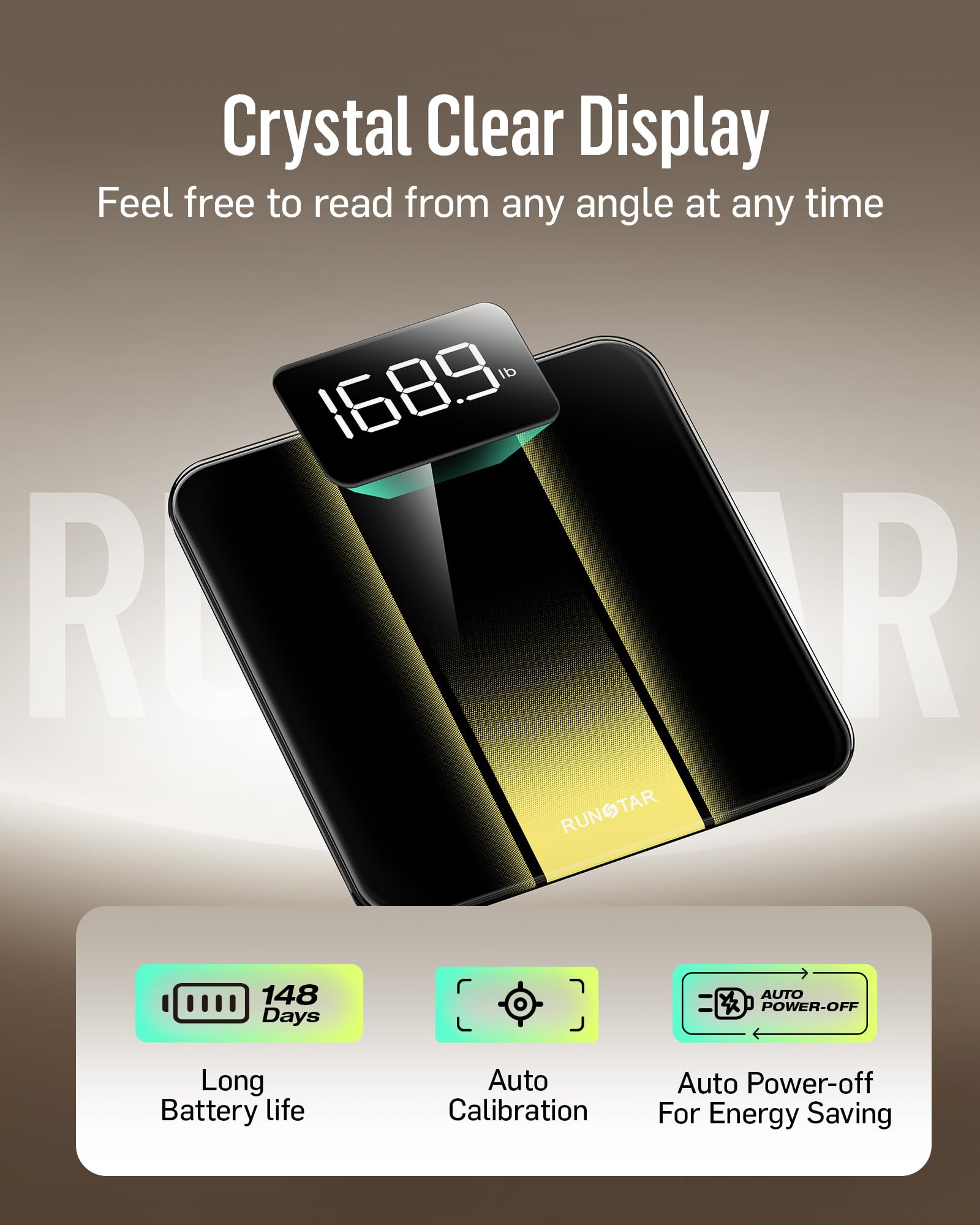 RunStar Bilancia Pesapersone Digitale, Bilancia professionale ad alta Precisione, Max 180 kg, Display Retroilluminato a LED Chiaro, Bilancia Precisa in Vetro Temperato da 6 mm