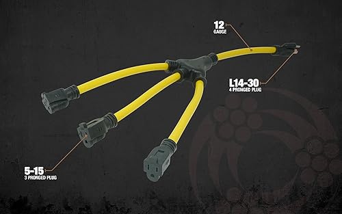 Vista 42 de Southwire - Adaptador de cable de alimentación para generador, calibre 12/3, 15 amperios, con receptáculos iluminados, construcción de conector
