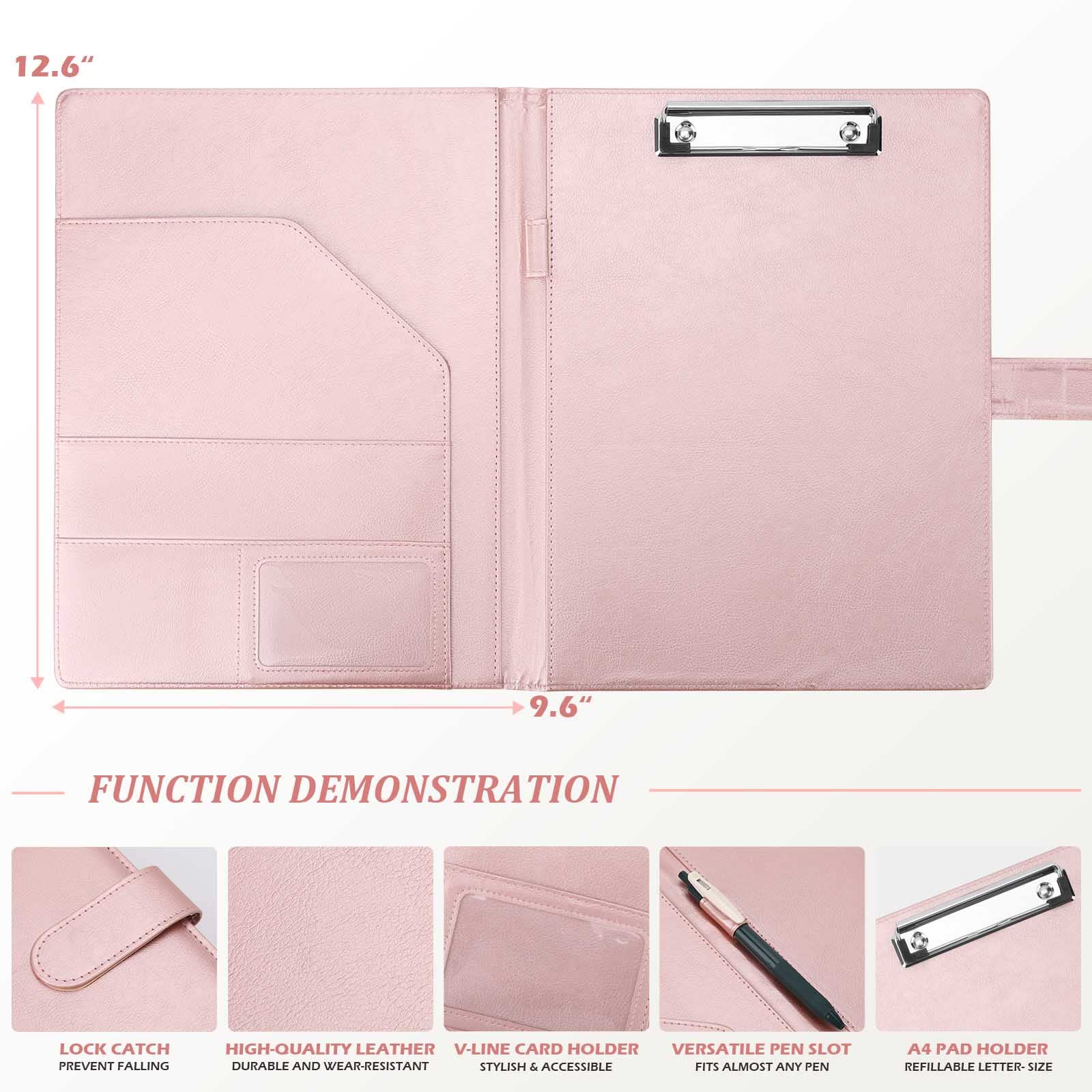 Padfolio notatnik teczka teczka - skórzany uchwyt z pokrywą do prawnego uchwytu listowego, A4 notatnik do pisania do konferencji biznesowej szkoły biurowej, notatnik z klipsami, różowy