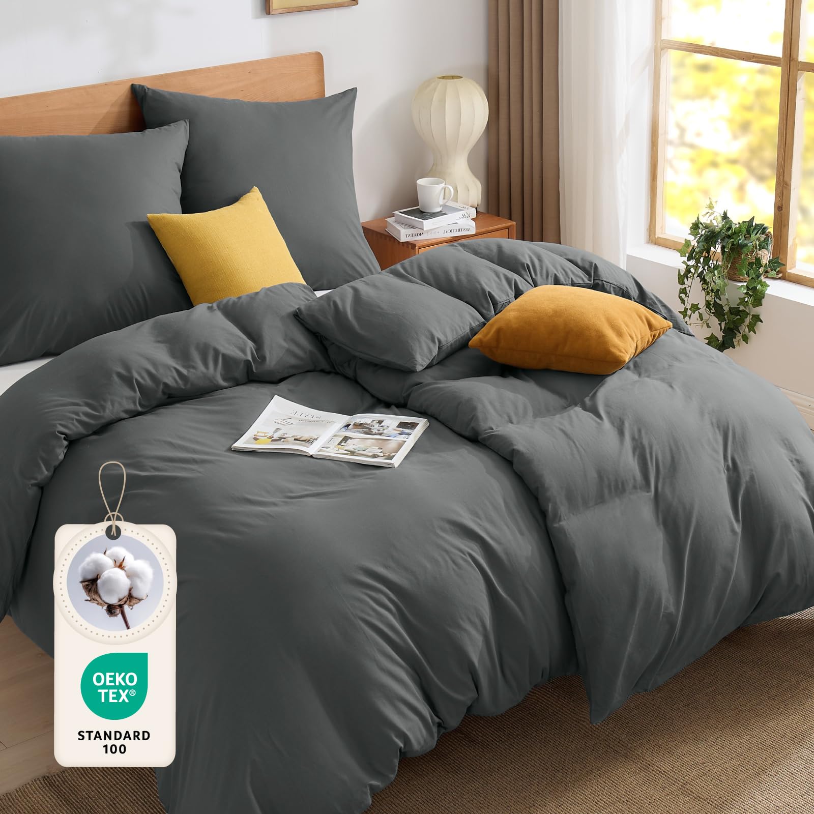 BEDELITE Bettwäsche 135x200 Baumwolle 4teilig - Bettbezüge 135x200cm 2er Set Dunkelgrau mit 2 Kissenbezüge 80x80 cm, Oeko-TEX Bedding weiche und kuschelige Bettwaren