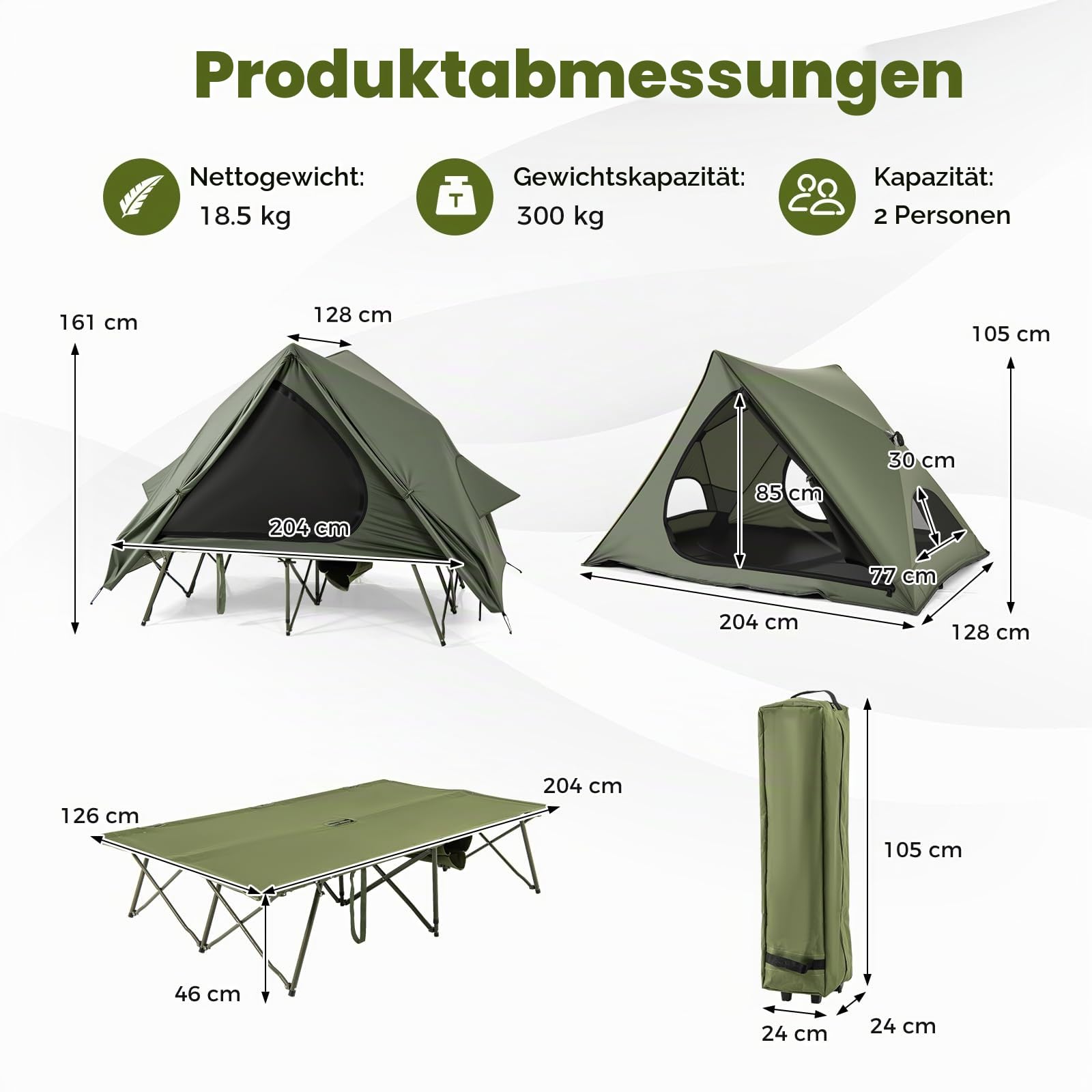 HOMASIS Campingzelt mit Feldbett für 2 Personen, Campingbett mit Sonnendach & Regenschutz, Zelt mit 2 Türen, Fenster & Rolltasche, Campingliege mit Metallrahmen, 300 kg Tragkraft, Grün