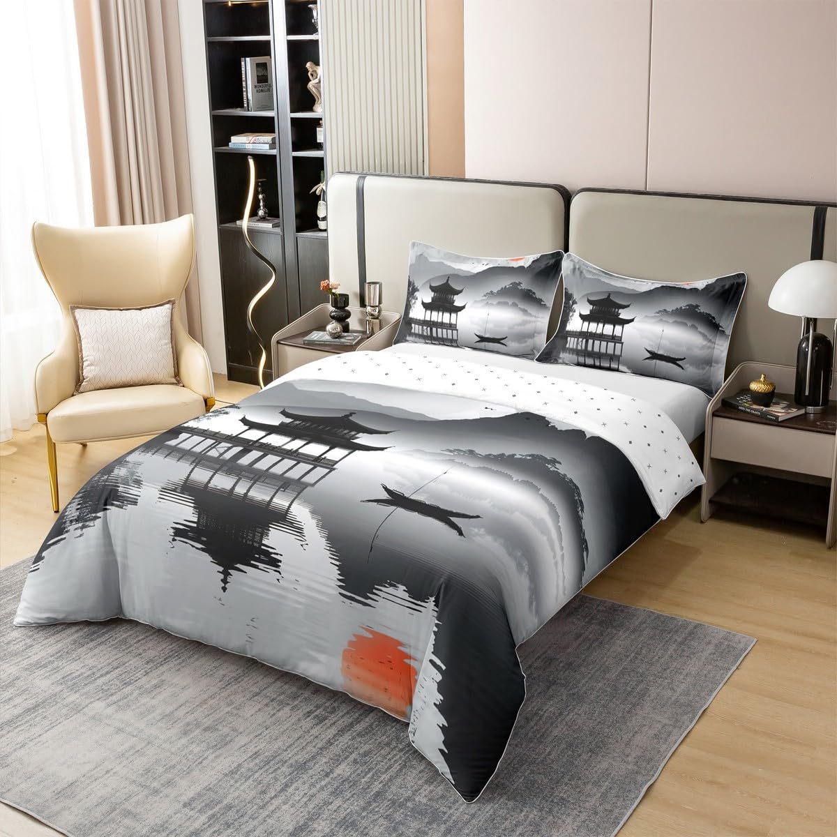 Loussiesd Japan Themed 100% Baumwolle Bettwäsche Set 135x200cm Jungen Mädchen Landschaft Bettbezug Set Für Kinder Frauen Männer Ultra Pavilion Betten Set Sonnenuntergang Bettwäsche-Set Betten Set