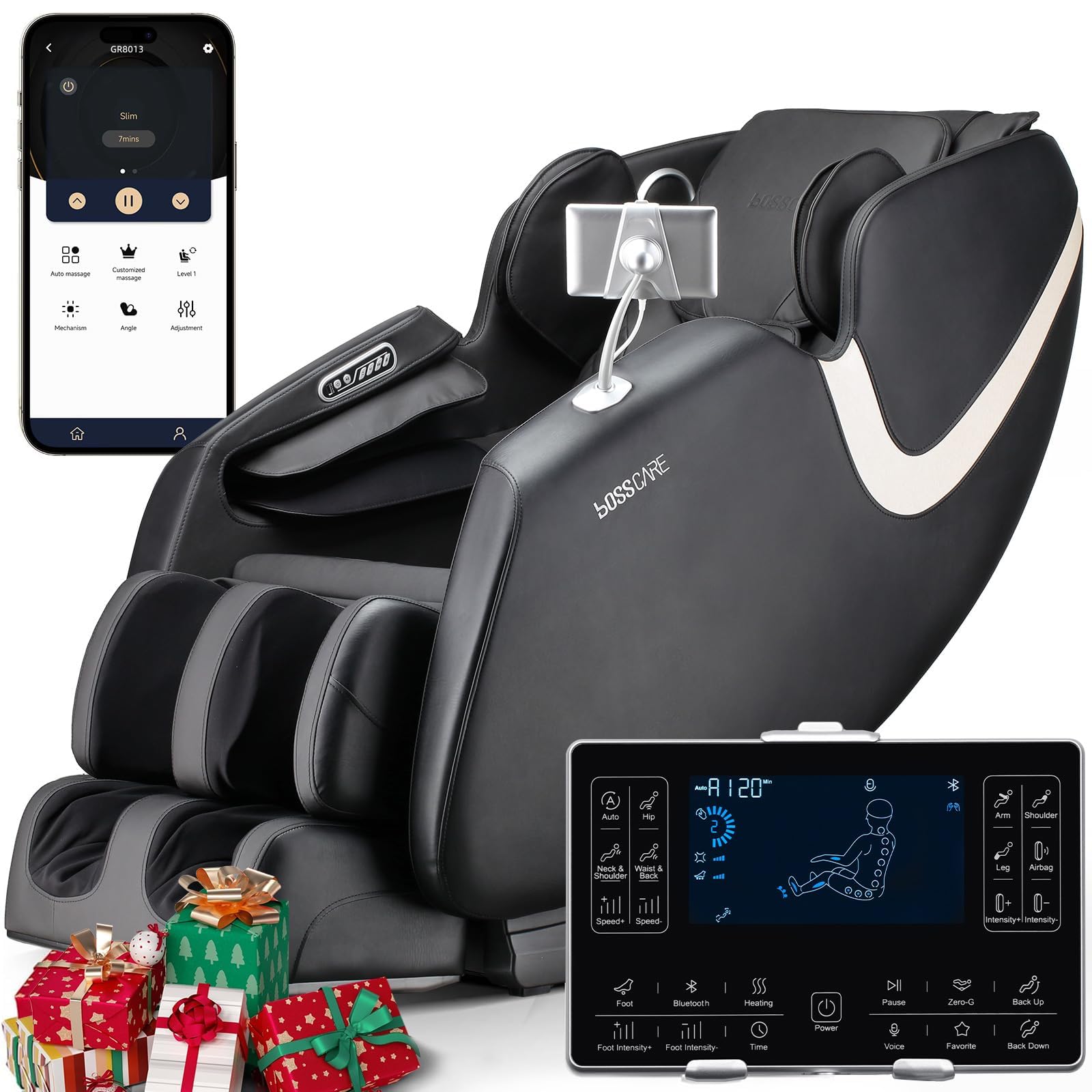 BOSSCARE 2026 Massage Chair Full Body, AI APP Control Shiatsu Zero Gravity Massage Chair with Foot Roller, Back Calf Heated, Bluetooth Speaker, Relaxing Massaging Recliner for Friend Family
