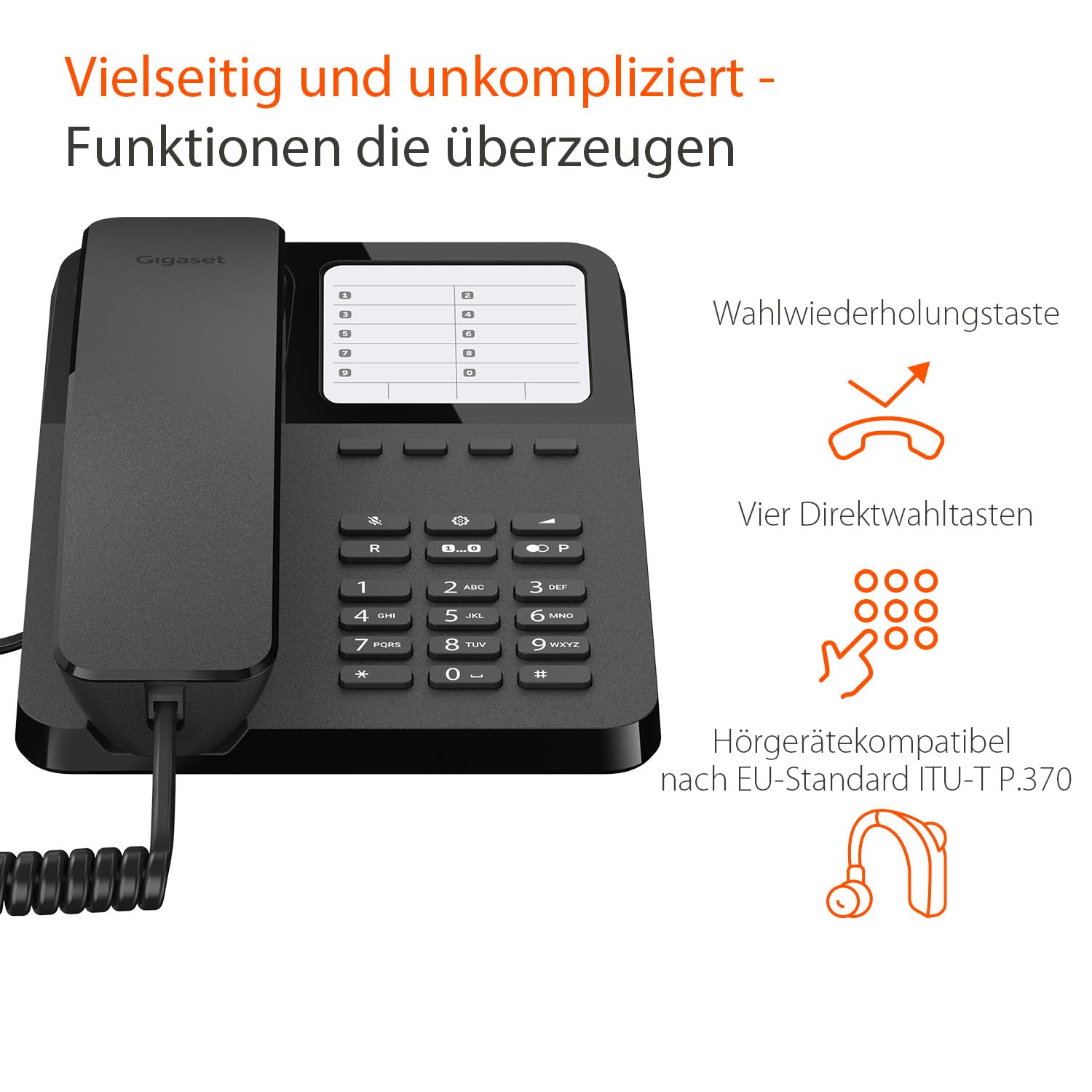 Gigaset Desk 400 Telefon mit elastischem Kabel, platzsparend, 10 Kurzwahleingänge, Wahlwiederholung, kompatibel mit Hörgeräten, MFV oder einstellbare Pulsauswahl, Schwarz