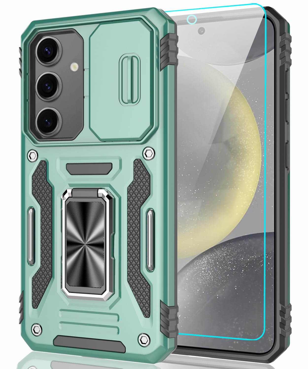 LEXNEC for Samsung Galaxy S24 Plus Case with Sliding Camera Cover & Tempered Glass Screen Protector + Rotatable Ring Holder Kickstand Shockproof Slim