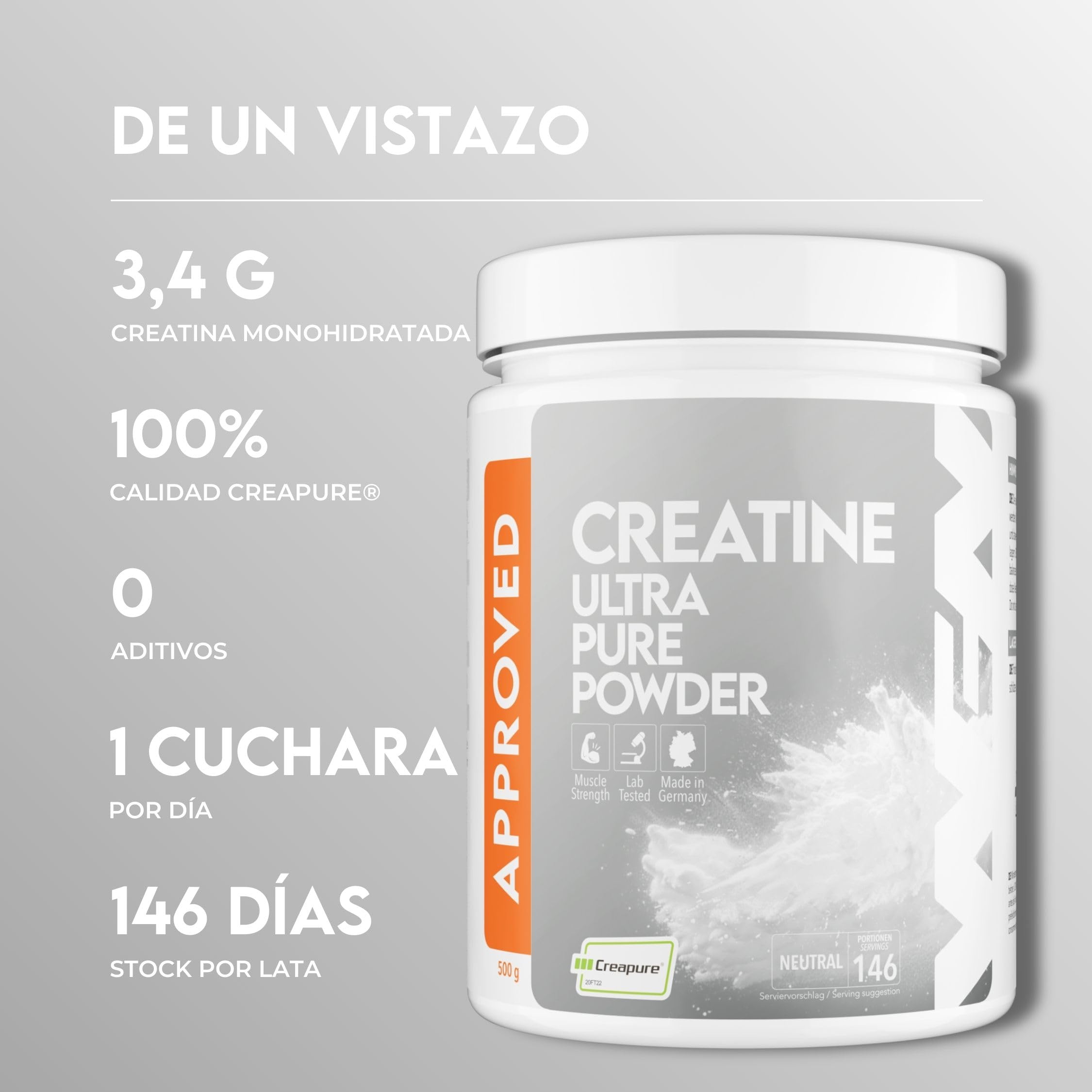 WFN Approved Creatine - Creatina Creapure - Neutro - 500 g - Creatina monohidratada - Polvo - Vegano – 146 Porciones - Fabricado en Alemania - Probado en laboratorio externo