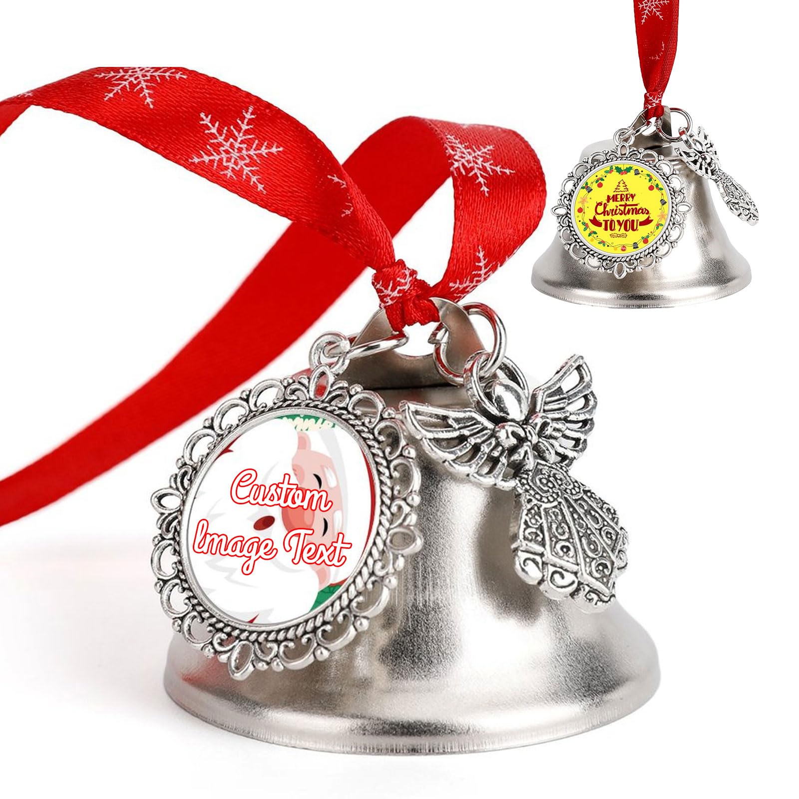 custyoulife Custom Christmas Bell & Love Bell Ornament Personalised Christmas Ornaments with Image Text Christmas Tree Decorations for Anniversaries Holiday, Friends, Families (Style 2)