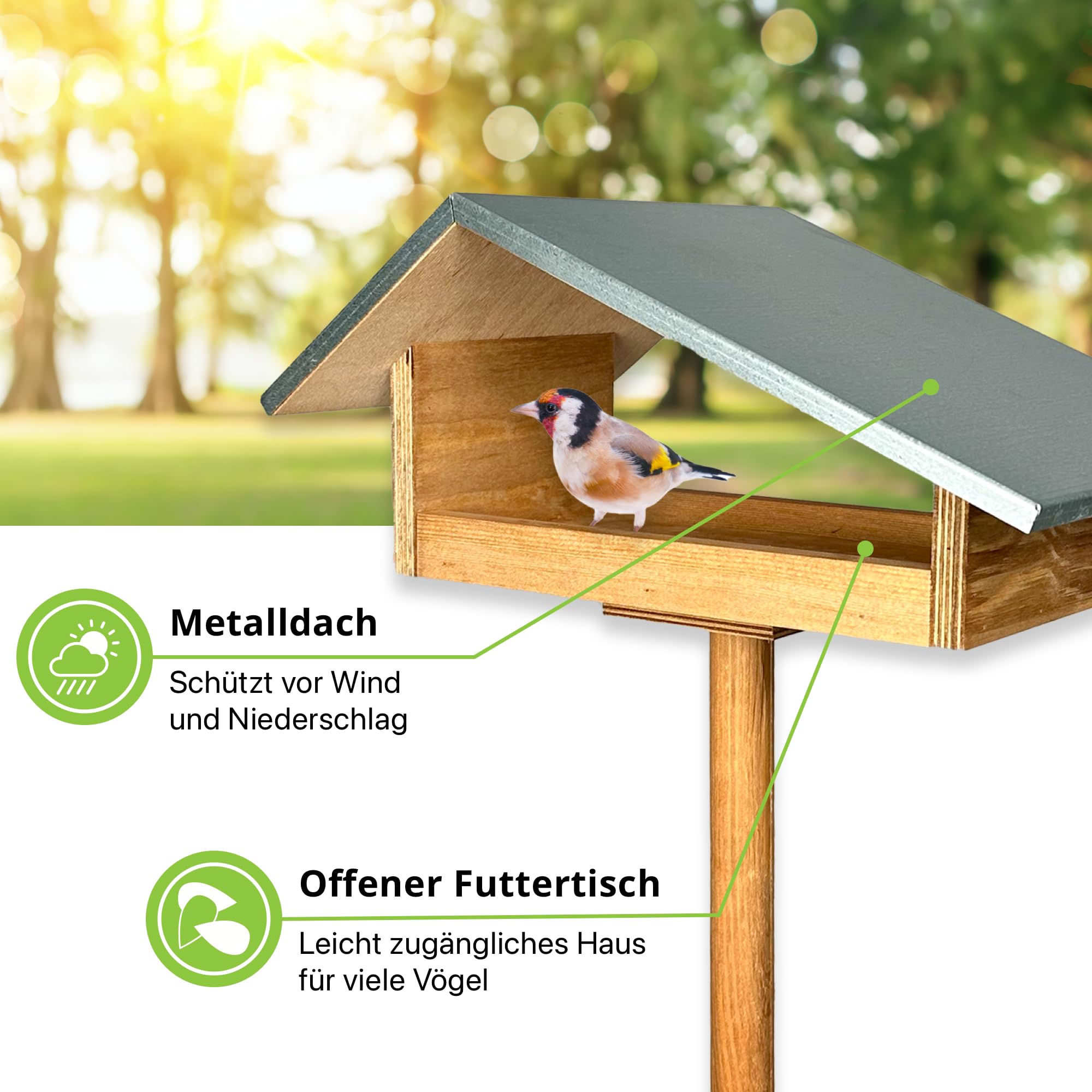 GARTENETAGE Design-Vogelfutterhaus mit wetterfestem Metalldach/massives Vogelhaus Holz mit Erdspieß/Vogelfutterhaus mit Ständer/Robustes Vogelhäuschen für Ihren Garten