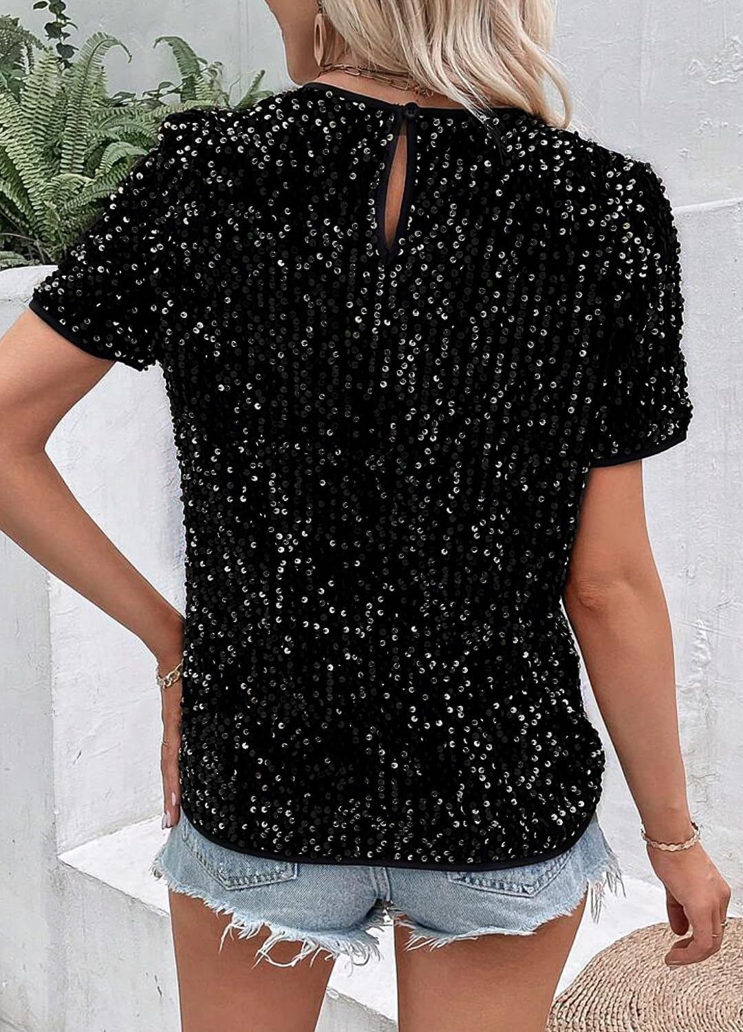 Women's Sparkle Sequins T Shirts Casual Short Sleeve Top Shimmer Going Out Rave Top Tee - Image 5