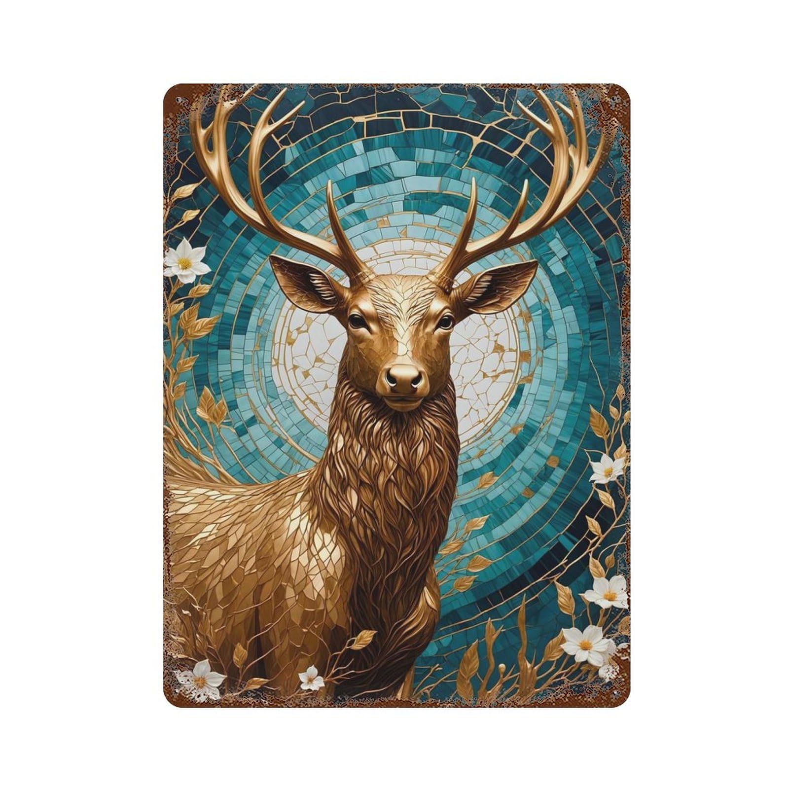 Rust Effect Golden Deer Kintsugi Weathered Tin Sign 15.7"x11.8", Novelty Wall Decor for Office, Studio And Wall Decor