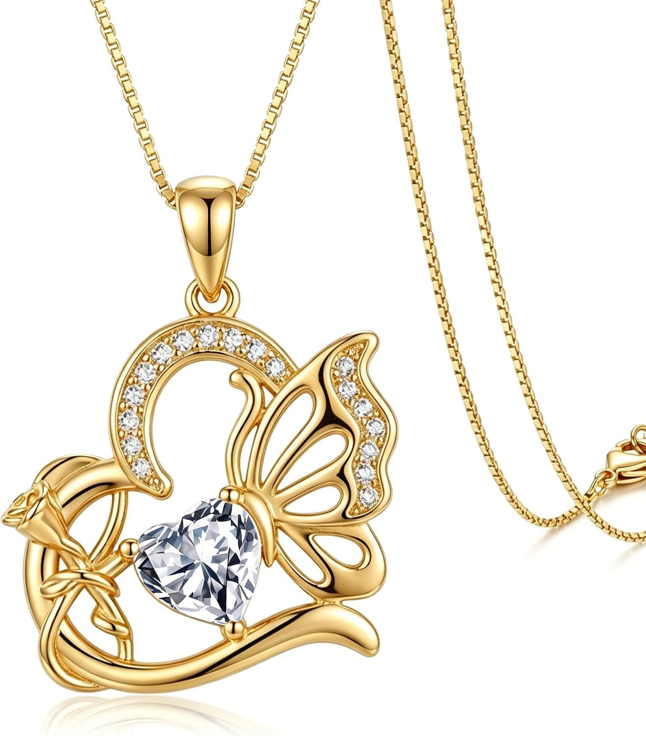 Birthstone Heart butterfly Necklace for Women, Infinity Pendant 14K Gold /18K White Gold Womens Necklaces, Jewelry Anniversary Birthday Christmas Gifts for Her Mom Wife