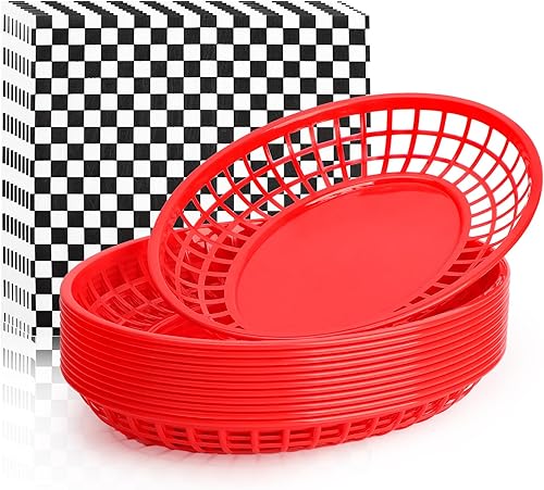 EUSOAR Cestas de plástico para alimentos con forros de papel, 12 cestas rojas extragrandes de 11.8 x 8.9 pulgadas para servir alimentos y 10 x 11