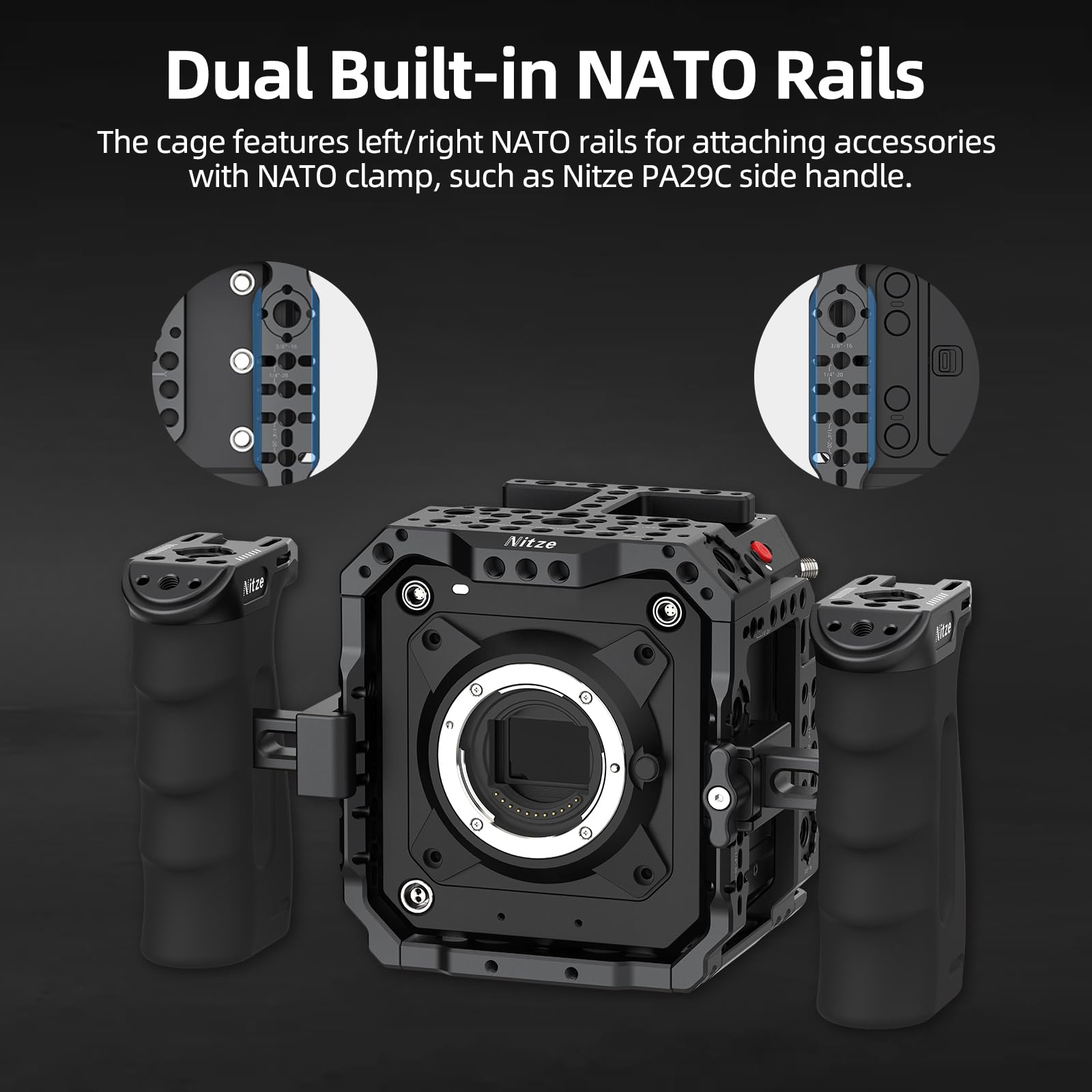 Nitze Cage pour Z CAM E2 Mark II, E2-S6 Mark II / E2-F6 Mark II / E2-M4 Mark II avec Patins à Froid Intégrés et Rails NATO - T-Z03A