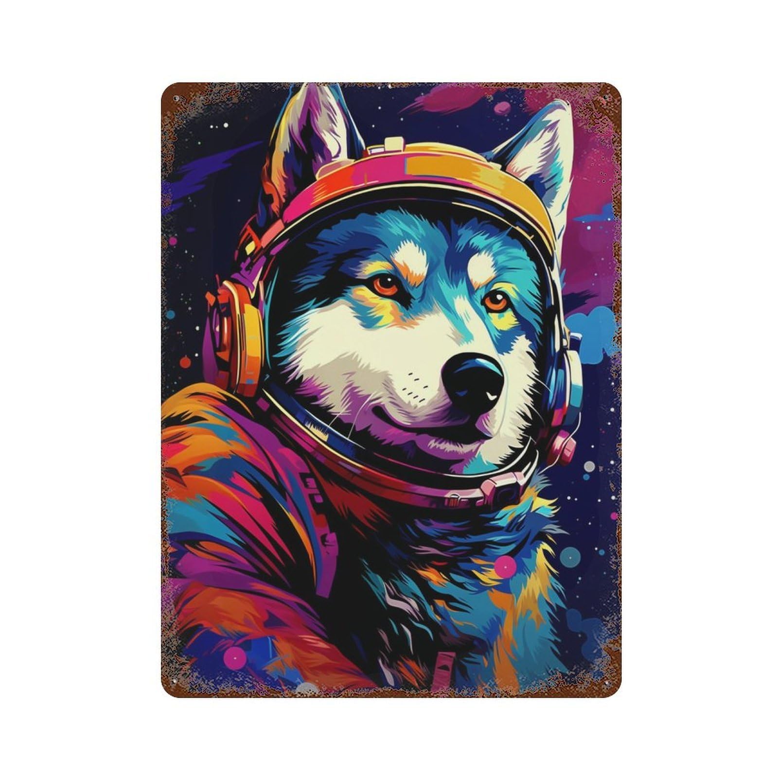 Aged Metal Wall Plaque with Space Dog Explorer-113 Design 15.7"x11.8", for Shed, Workshop And Garage Wall Decor, Decorative Metal Wall Art