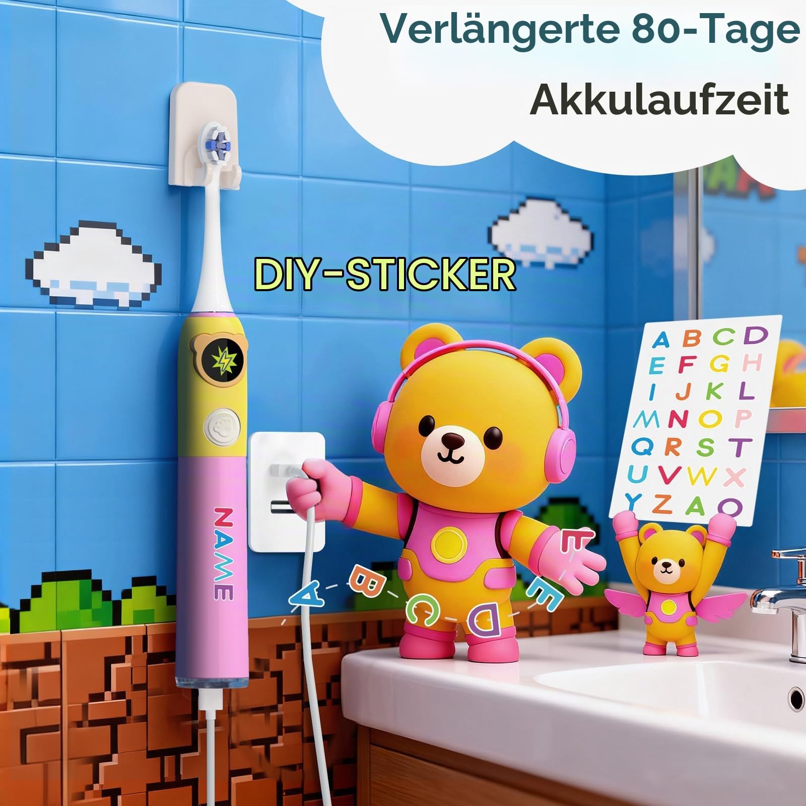 Seago Kinder Elektrische Zahnbürste ab 6 Jahren mit LCD-Bildschirm, Drucksensor, 2-Min-Timer, 80 Tage Akkulaufzeit, 3 Putzmodi, 8 Bürstenköpfen und personalisierbaren Aufklebern SG-2772 Rosa