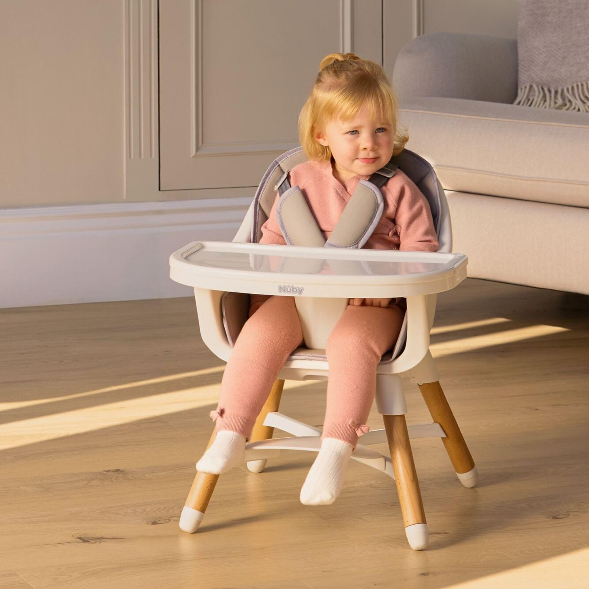 Nuby Chaise Haute Évolutive 4-en-1 pour Bébé et Enfant avec Plateau Amovible – Harnais Réglable 5 Points, Jusqu’à 27 kg, de 6 Mois à 3 Ans, Beige