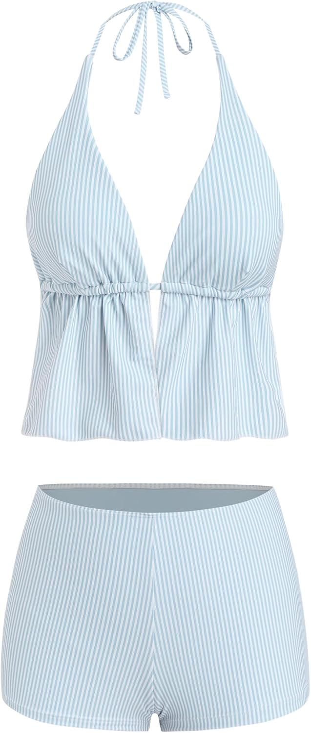 ZAFUL Women's Bikini with Shorts Triangle Halter Bikini Sets Two Piece Swimsuit Bathing Suit with Boy Shorts
