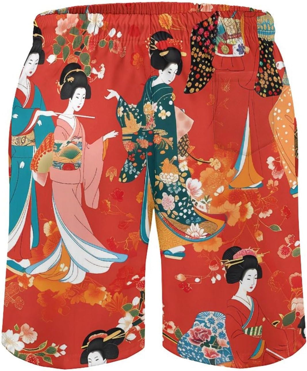 Japanese Lady Kimono Geisha Casual Men's Swim Trunks Novelty Summer Beach Shorts Swimwear with Pocket