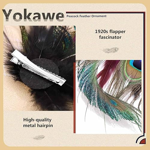 Miniatura 8 de Yokawe Pinza para el pelo de plumas de pavo real con diamantes de imitación de los años 20, tocado para boda, baile, fiesta, accesorios para el