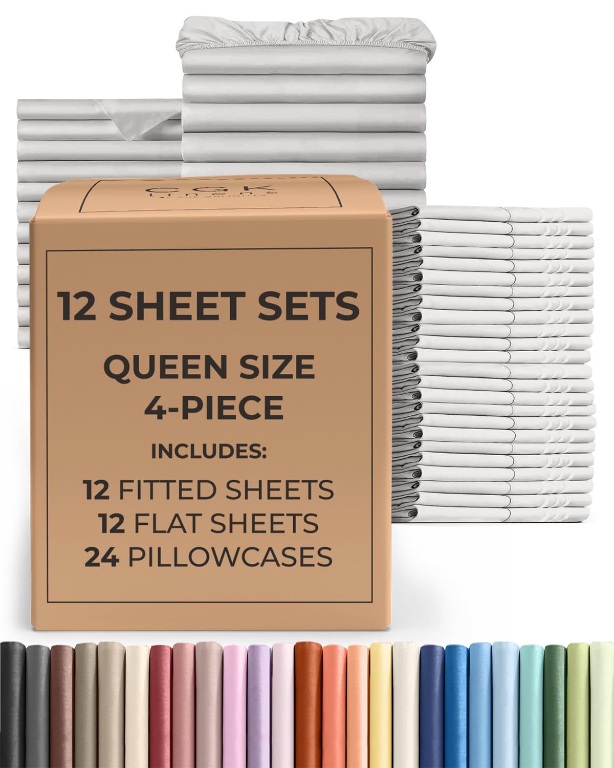 bulk case pack of 12 sheet sets - (12) complete queen size sheet sets with deep pockets - wholesale bulk bedding for hotels, spas & airbnbs - breathable, cooling & wrinkle free - (queen, french grey)