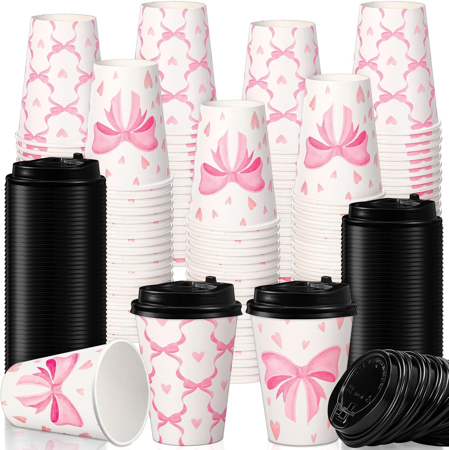 80 Set Pink Disposable Coffee Cups with Lids in 2 Styles 12oz Coquette Bow Hot Coffee Cups Paper Drinking for Valentines Wedding Birthday Baby Shower Bachelorette Party Supplies